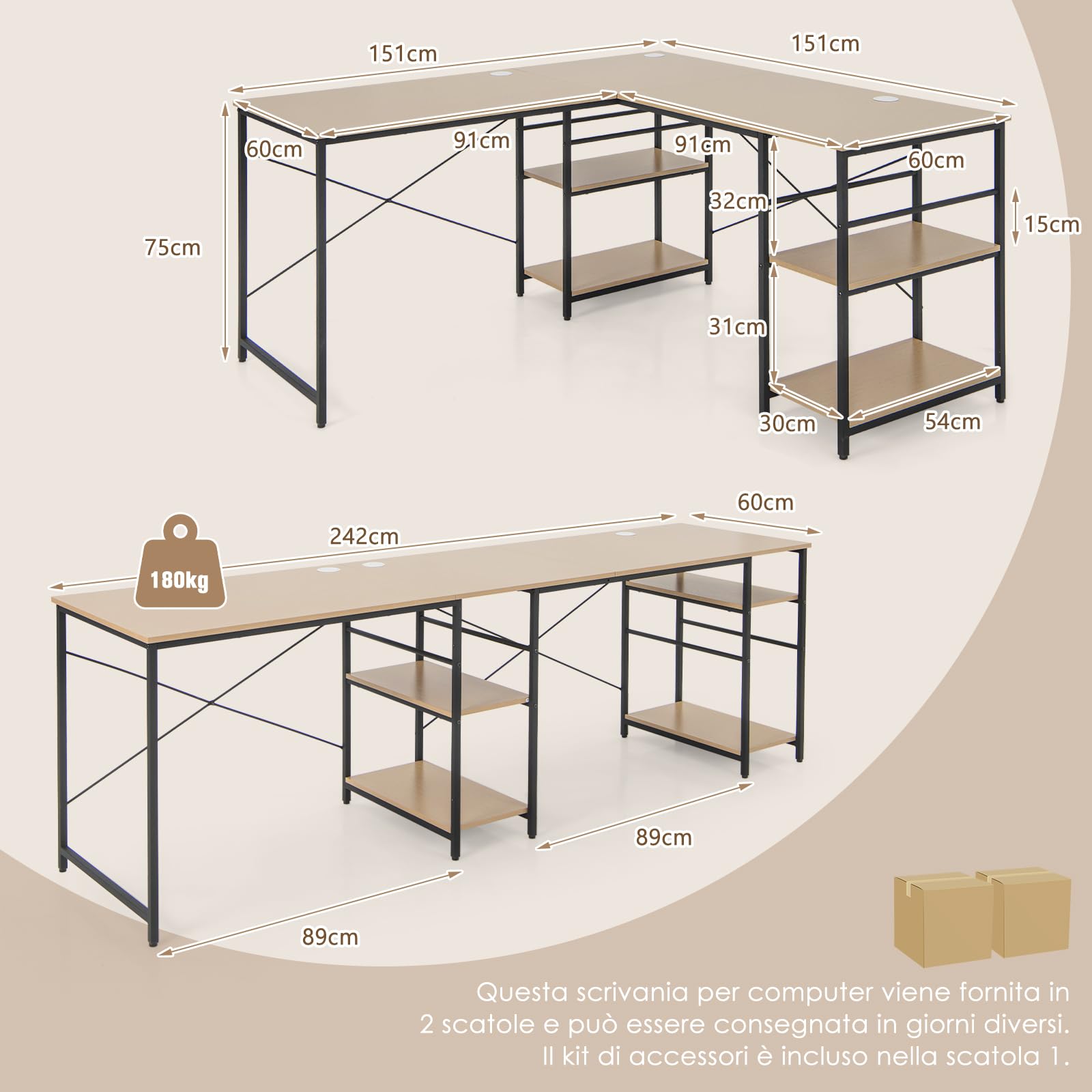 COSTWAY Scrivania Angolare per Computer con Supporto per Monitor, Scrivania Porta PC in Legno, Scrivania Salvaspazio e Moderna per Ufficio e Studio, 242 x 60 x 75 cm (Naturale)