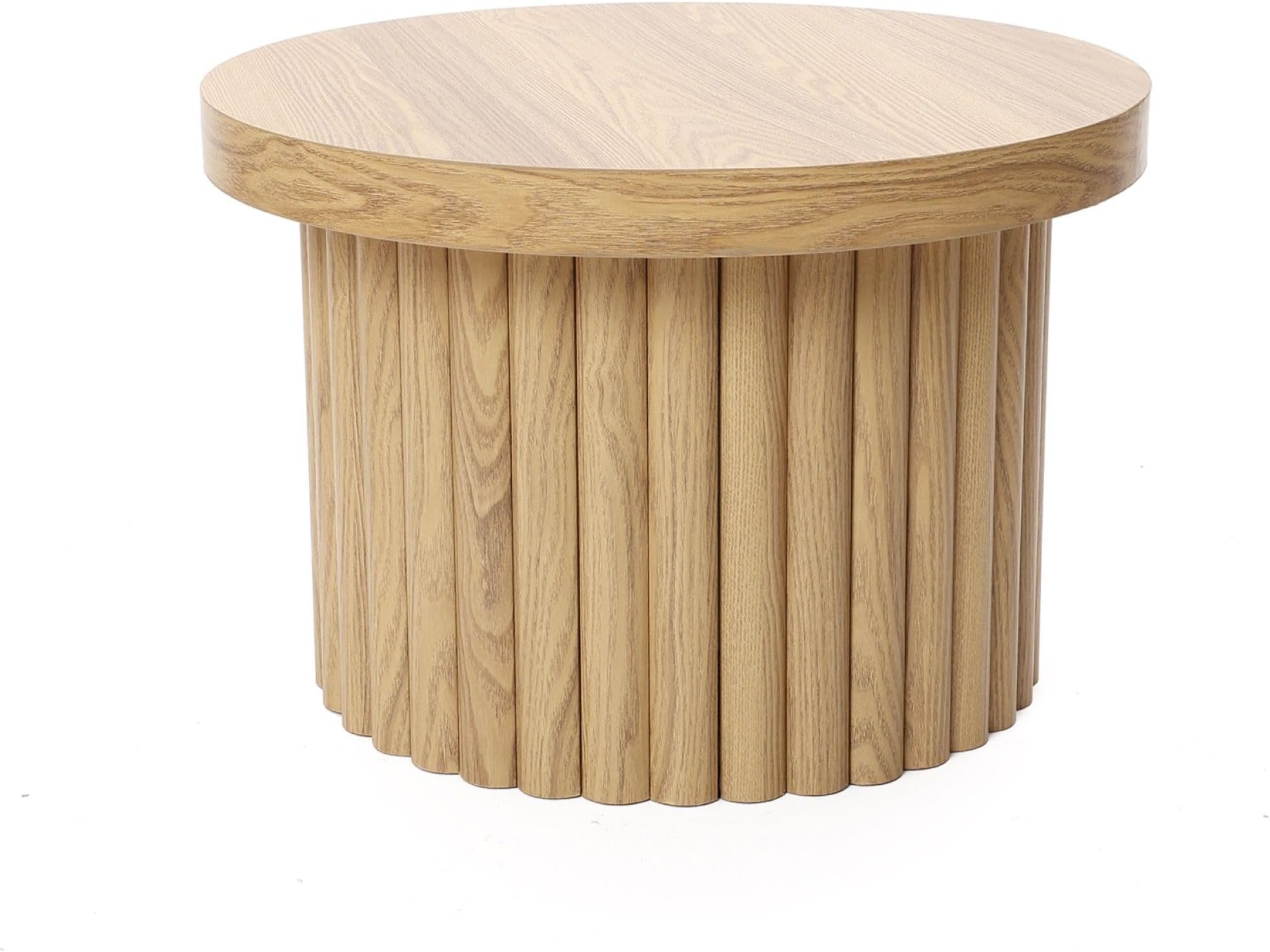 LuxenHome End Table, 23.6" Wide Brown Wood Fluted Round Coffee Table Modern Side Table for Living Room Round Wood Accent Table Bedroom Small Table