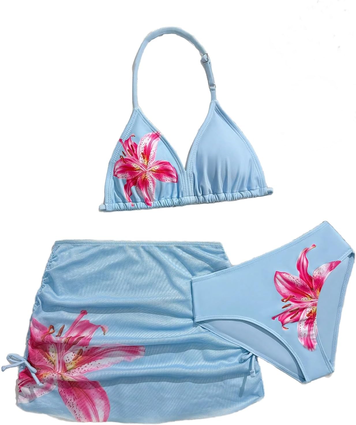 Milumia Girl's 3 Piece Swimsuit Floral Halter Triangle Bikini Set Bathing Suit with Coverup