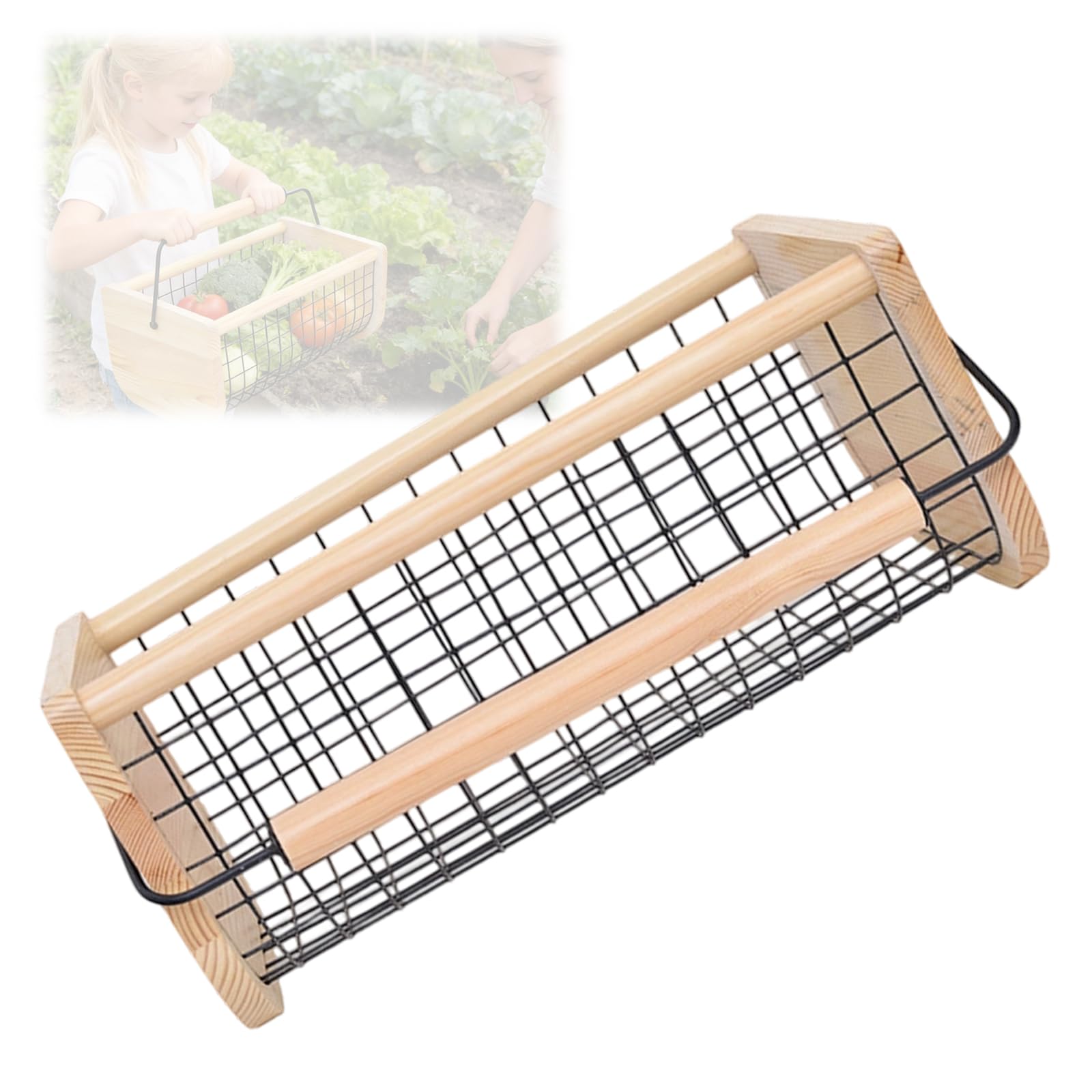 Fruit Vegetable Basket 41x23x18cm Iron Wire Organiser with Wood Handle for Produce and Household Organization Vegetable