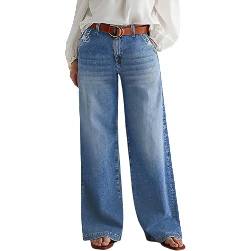 Flamingals Wide Leg Mid Waist Baggy Stitch Decor Denim Jeans for Women