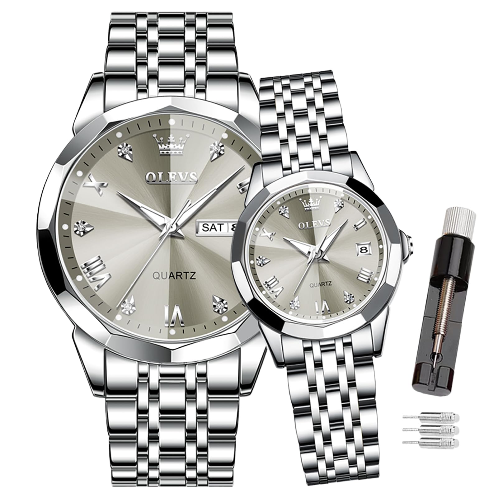 OLEVS Valentines Paar Quarzuhren, 3 ATM wasserdicht, leuchtender Kalender, Datum, lässige Edelstahl-Armbanduhr für Sie und Ihn, für Männer, Frauen, Liebhaber