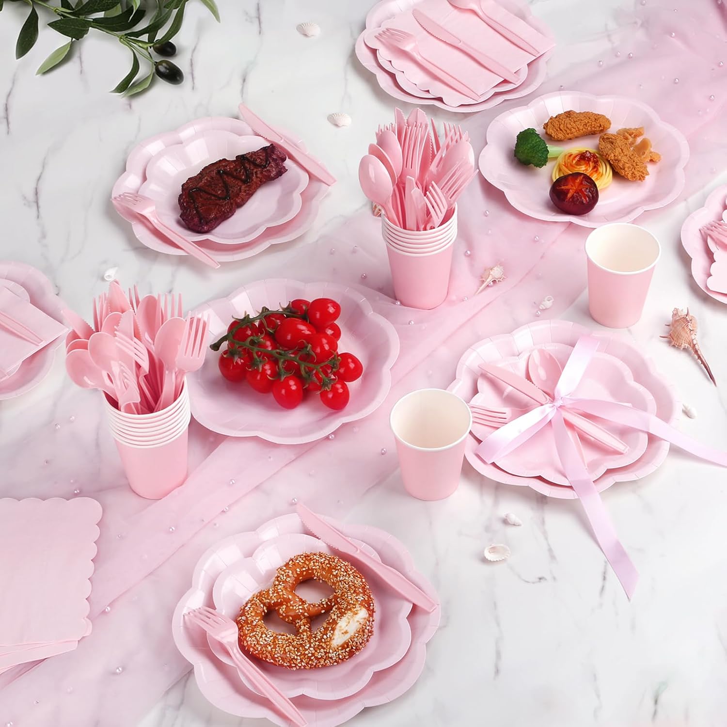 192 Pcs Pink Paper Plates And Napkins Set Party Supplies - For 24 Guests Paper Plates And Napkins Knives Spoons Forks Cups - For Baby Shower Bridal Shower Wedding - Image 7