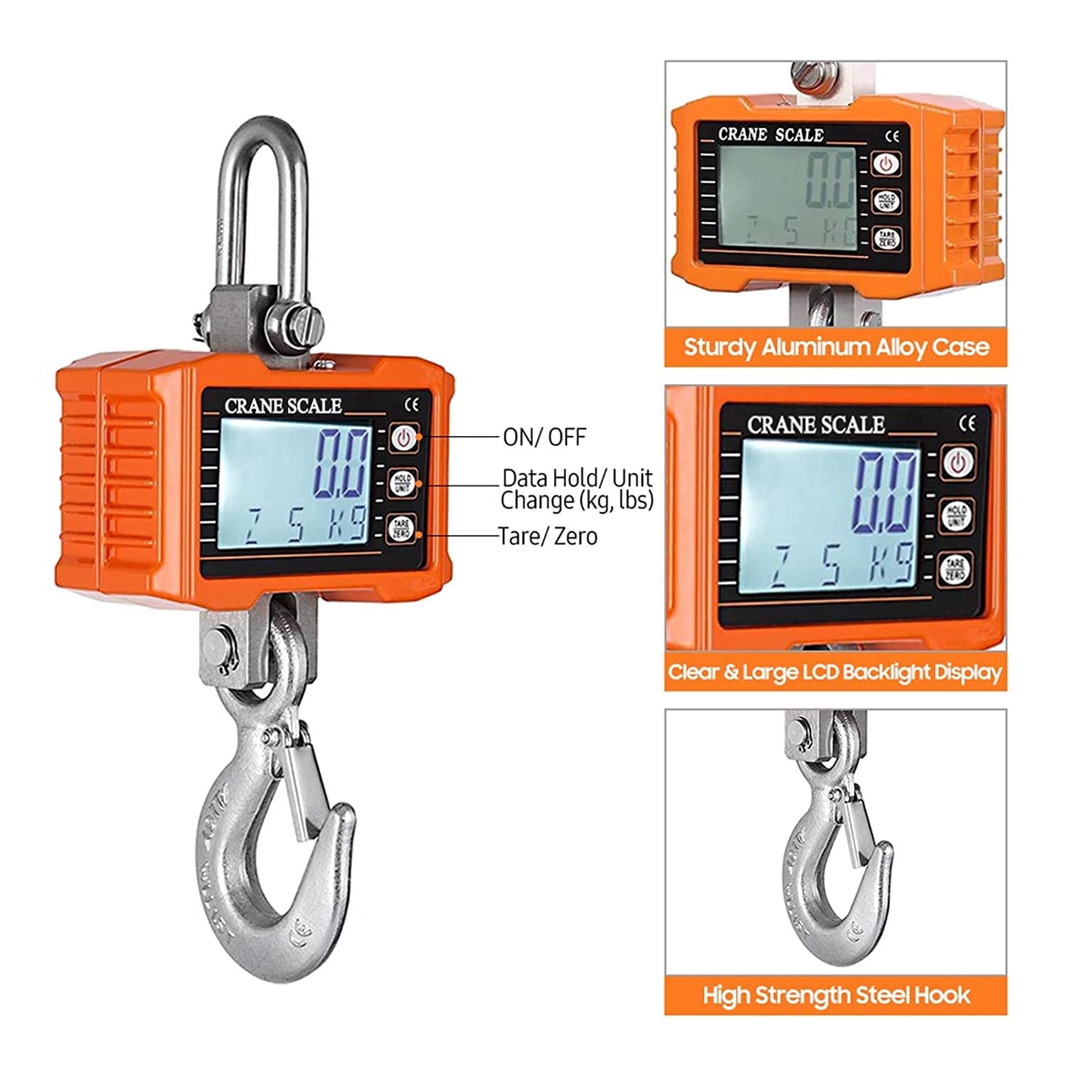 Báscula de grúa Digital Báscula Colgante Digital 1000 kg/ 2204 lbs Báscula de grúa portátil de Servicio Pesado Retroiluminación LCD Básculas de Gancho industriales Cambio de Unidad/