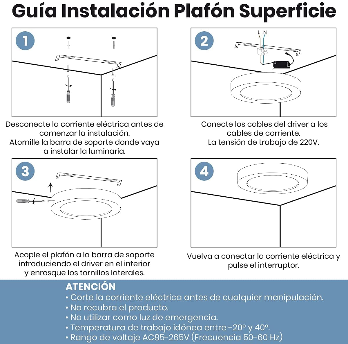 MUNDDY® - PACK DE 5 Downlight LED Panel Superficie Redondo, iluminacion 6W 12W 20W 25W, marco blanco. Driver Incluido (20W, 4000k Blanco Neutro)