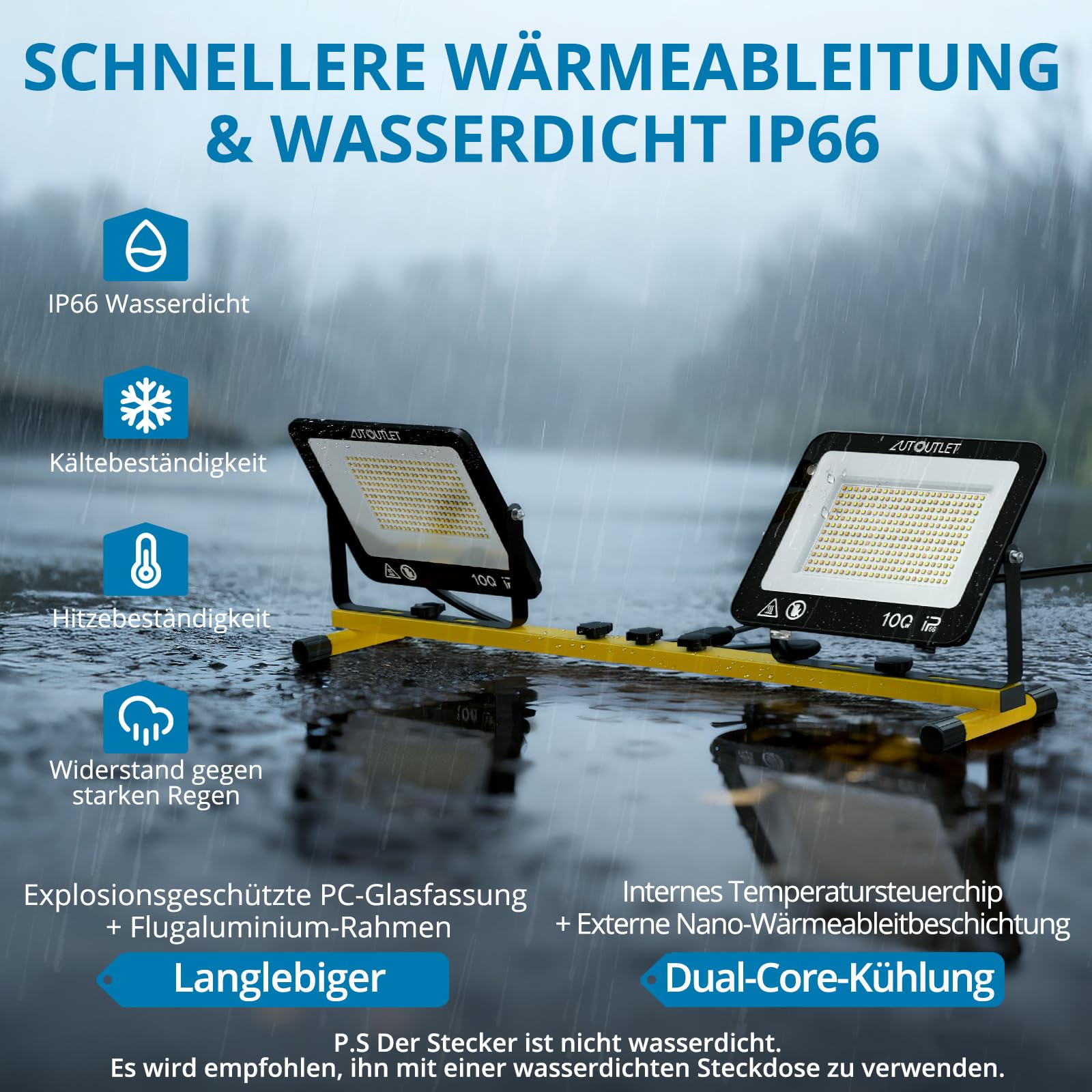 AUTOUTLET Baustrahler LED mit Stativ, 2x 100W 19000LM LED Strahler Arbeitsleuchte mit 3 Farbtemperaturmodi, verstellbarer Stativ & 5M Netzkabel IP66 Wasserdicht,abnehmbar Baulampe für Garage Baustelle