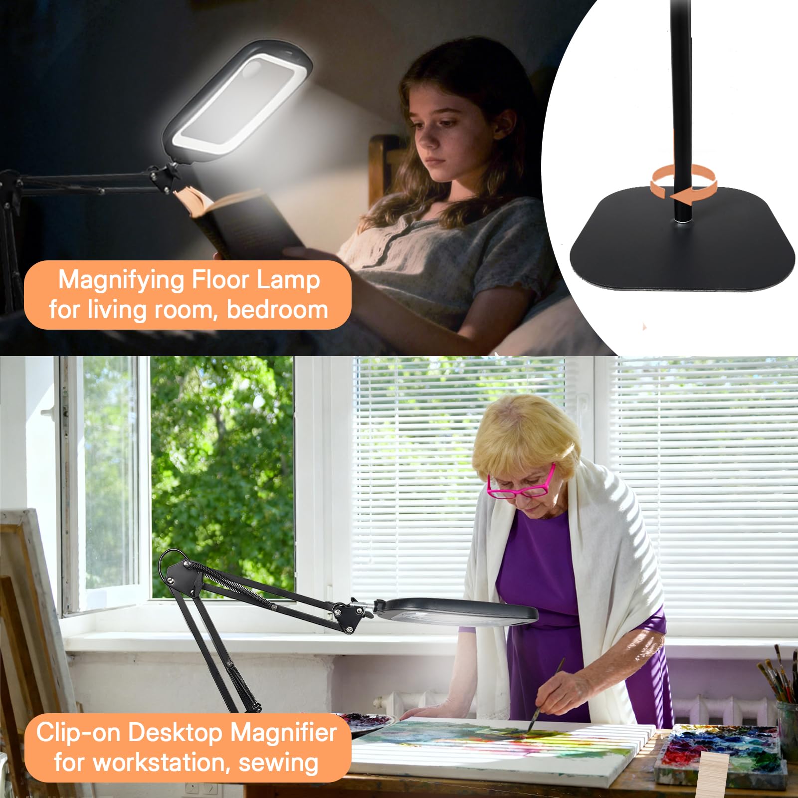 GABORISH 10 lupas de pie 30 X con luz y soporte, lámpara de lupa 3 en 1 con 60 LED, brazo plegable rectangular con abrazadera, 5 modos de color regulable, sin manos, lupa de lectura con luz para