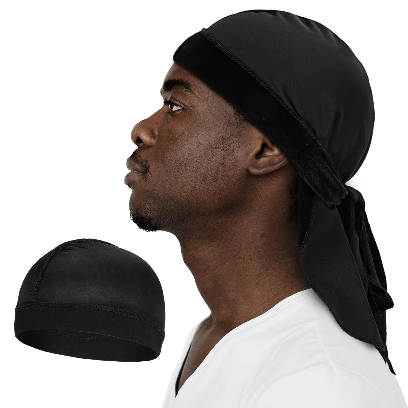 Aksamitny Durag dla mężczyzn z 1 czapką fali, miękka tkanina 360 fal doo, długie, podwójne, szerokie paski, jeden rozmiar pasuje do większości (czarny)