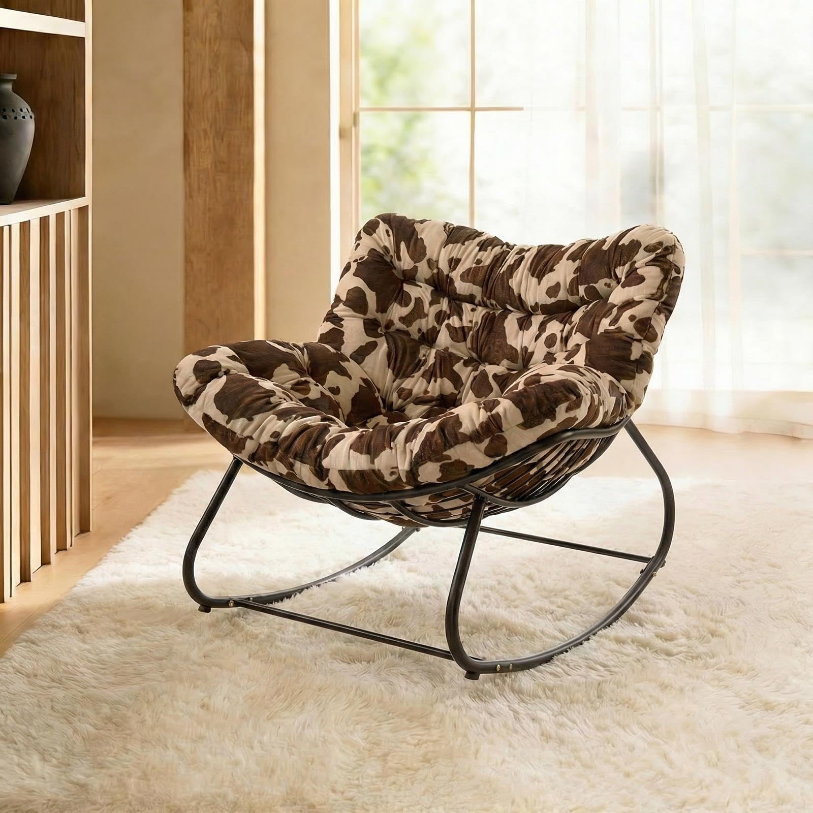 OHS Comfy Rocking Chair with Cow Print Removable Cushion, Heavy-Duty Curved Metal Frame Nursing Chair Balcony Furniture Comfy Egg Chair Indoor Lounge Chairs for Garden Porch Living Room