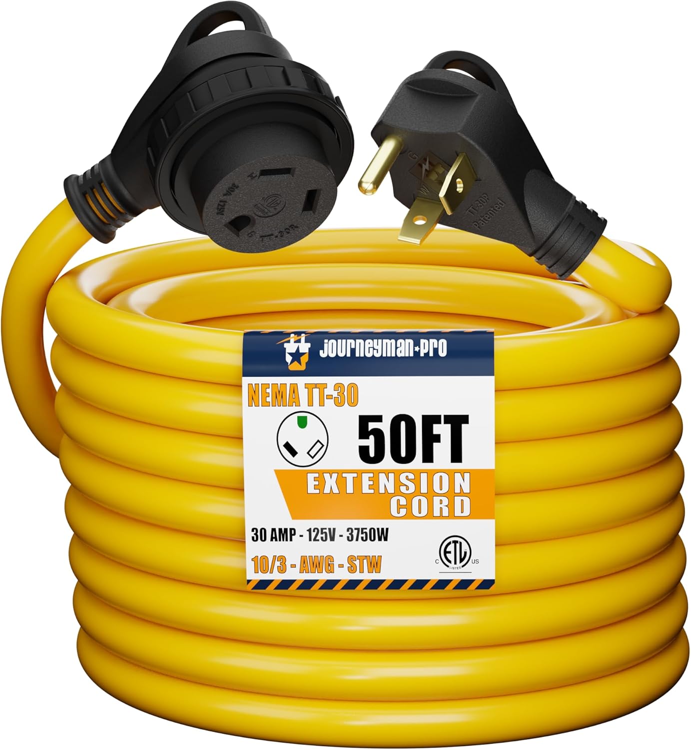 Journeyman-Pro 30A RV Power Extension Cord TT30 Locking Female (Safety Yellow), Black Grip Handle w/Power Indicator - 15, 25, 50 Feet Length 125V - 30 AMP, TT-30P to TT-30R(Twist Lock), (50 Feet)