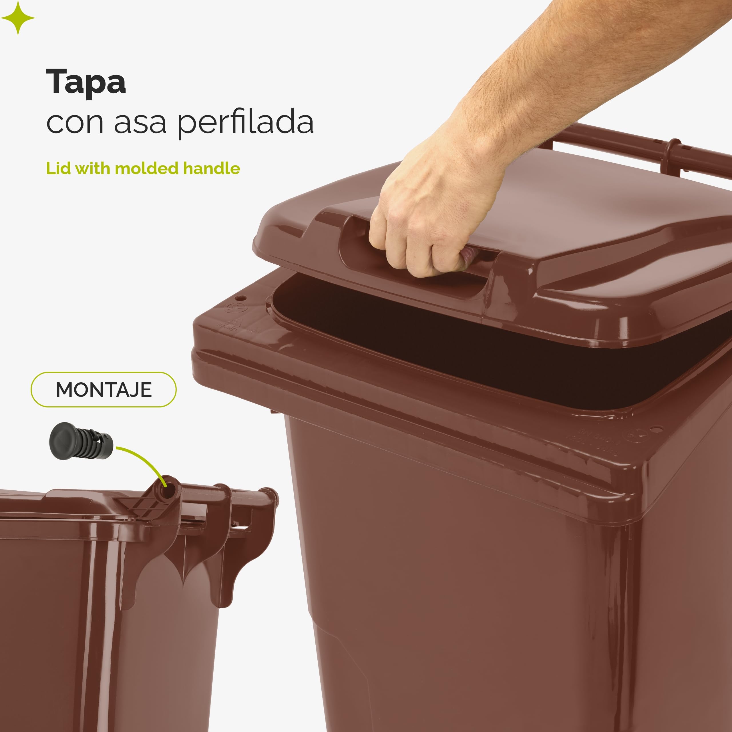 Garronda Cubo de Basura 120L con Tapa y Ruedas – Contenedor de Residuos para Exterior de Plástico Resistente para Reciclaje y Clasificación Ecológica GD-0097, Marrón