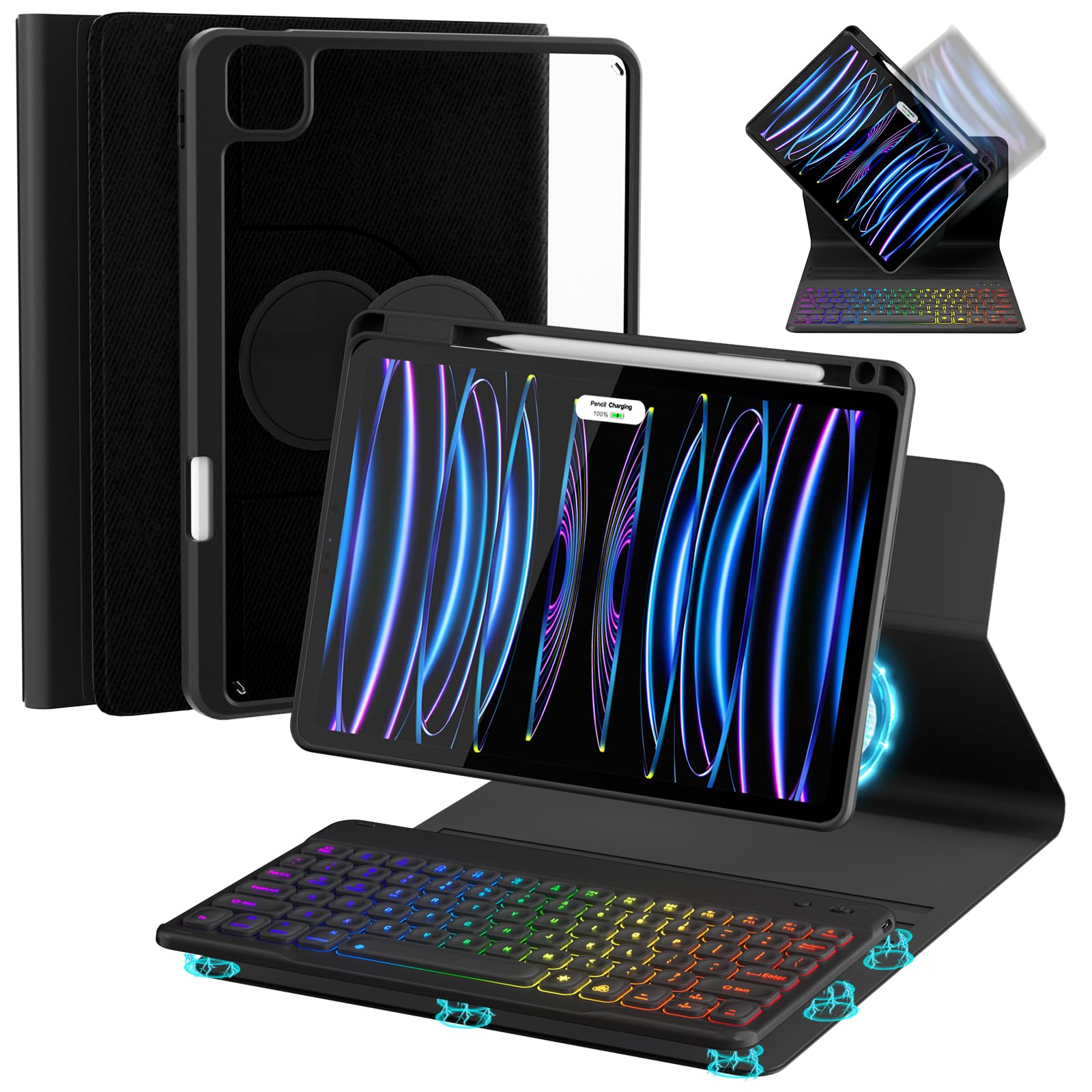 OPAKIT Magnetic Backlit Keyboard Case for iPad Pro 12.9-inch (6th, 5th, 4th, 3rd Generation) - 360 Rotatable Detachable - Wireless Keyboard Case for iPad 2018, 2020, 2021, 2022 (Black)