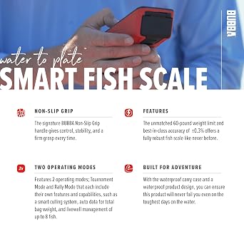 BUBBA Smart Fish Scale -Tournament Fishing Tool - Built in Fish Clip and Hook - 2 Modes, Digital Screen, 60lb Limit