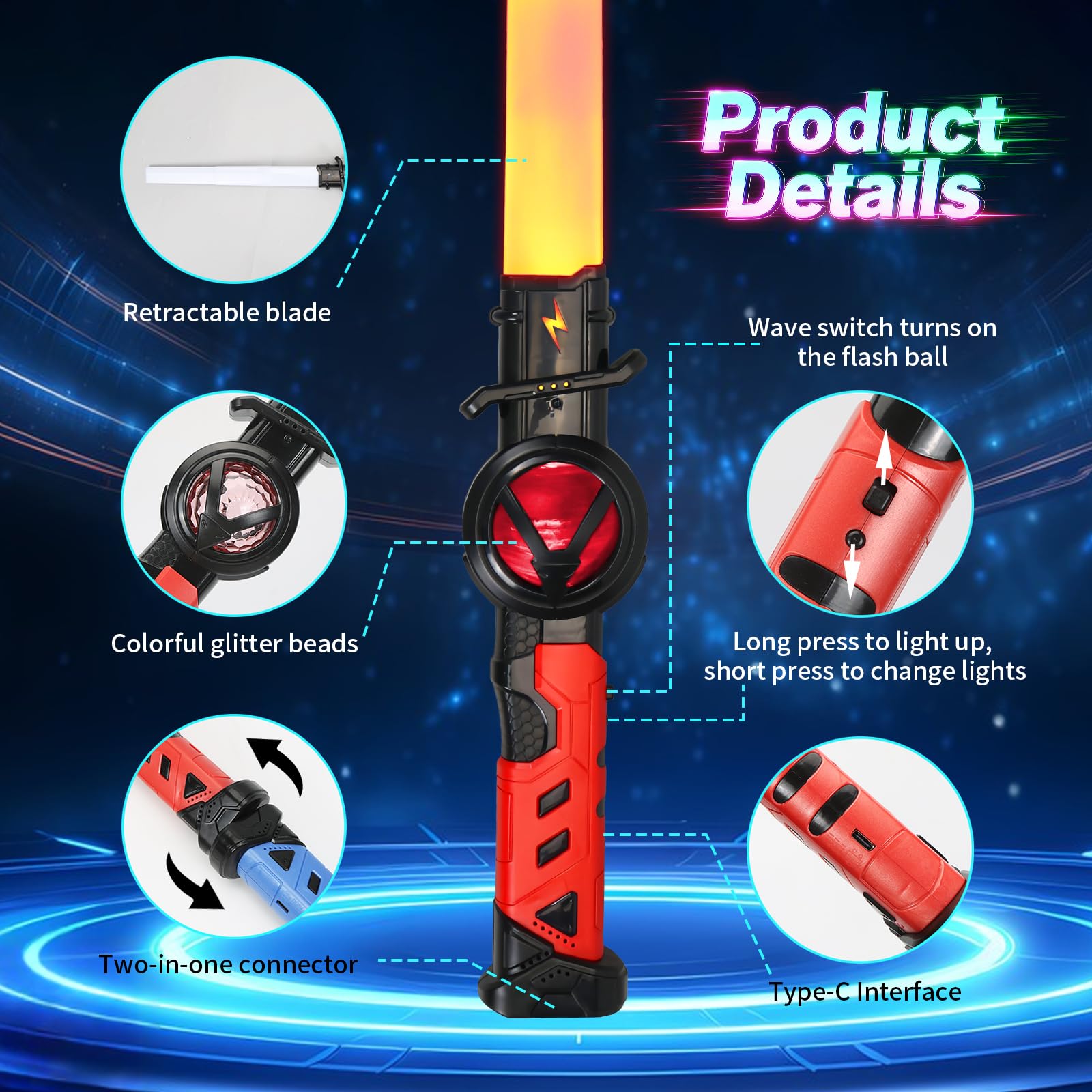 Sabre Laser Enfants 2 Pièces Télescopique LED Rechargeable Bleu Rouge 15 Couleurs Halloween Noël Cosplay