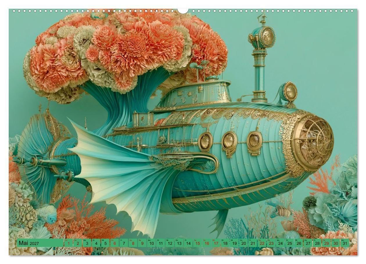 Zwischen Blütenmeer und Bullauge (hochwertiger Premium Wandkalender 2027 DIN A2 quer), Kunstdruck in Hochglanz: Fantasievolle KI-Kunst voller ... zwischen Korallen und Fantasie