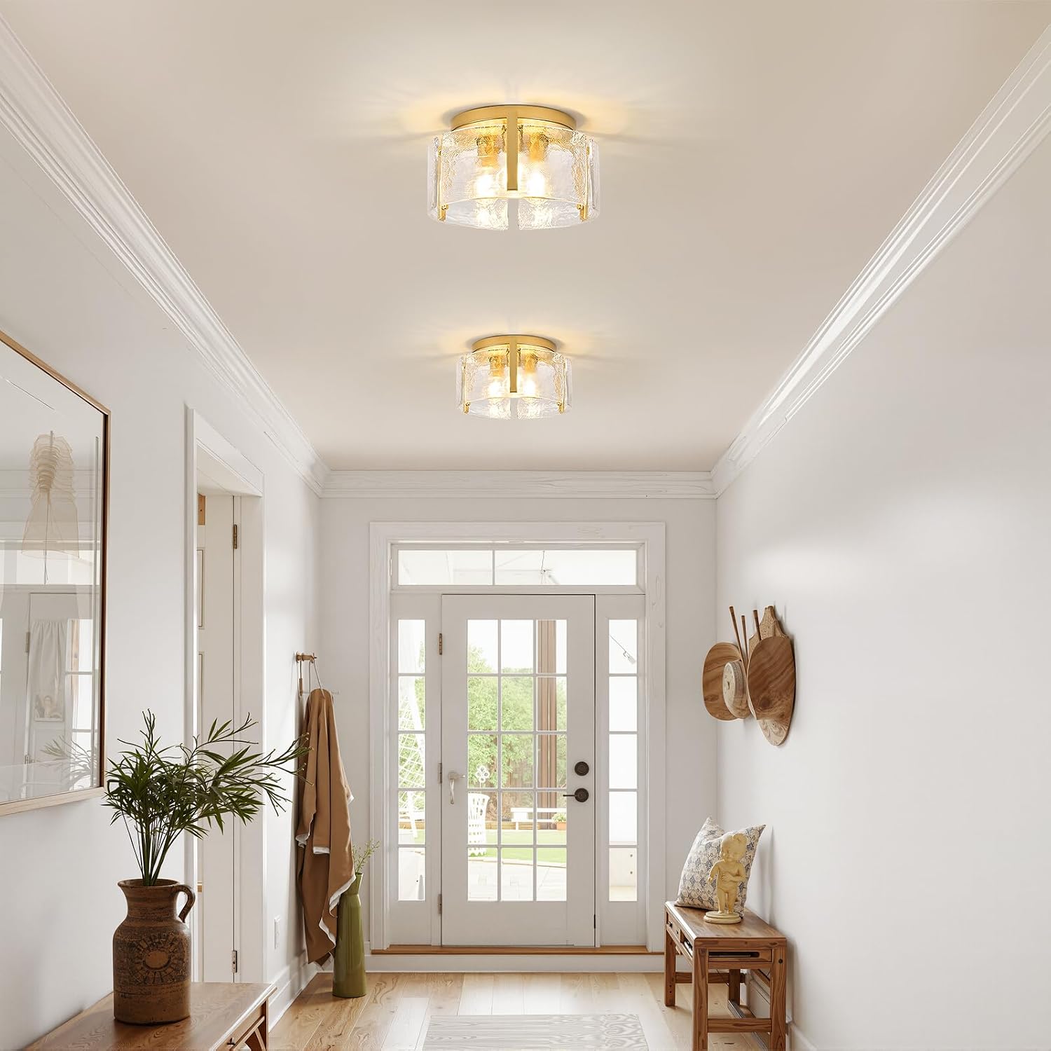 15" Gold Handmade Glass Semi Flush Mount Ceiling Light Fixture for Kitchen Hallway Entryway Laundry Bedroom, 3-Light Farmhouse Modern Close to Ceiling Light with UL Certification