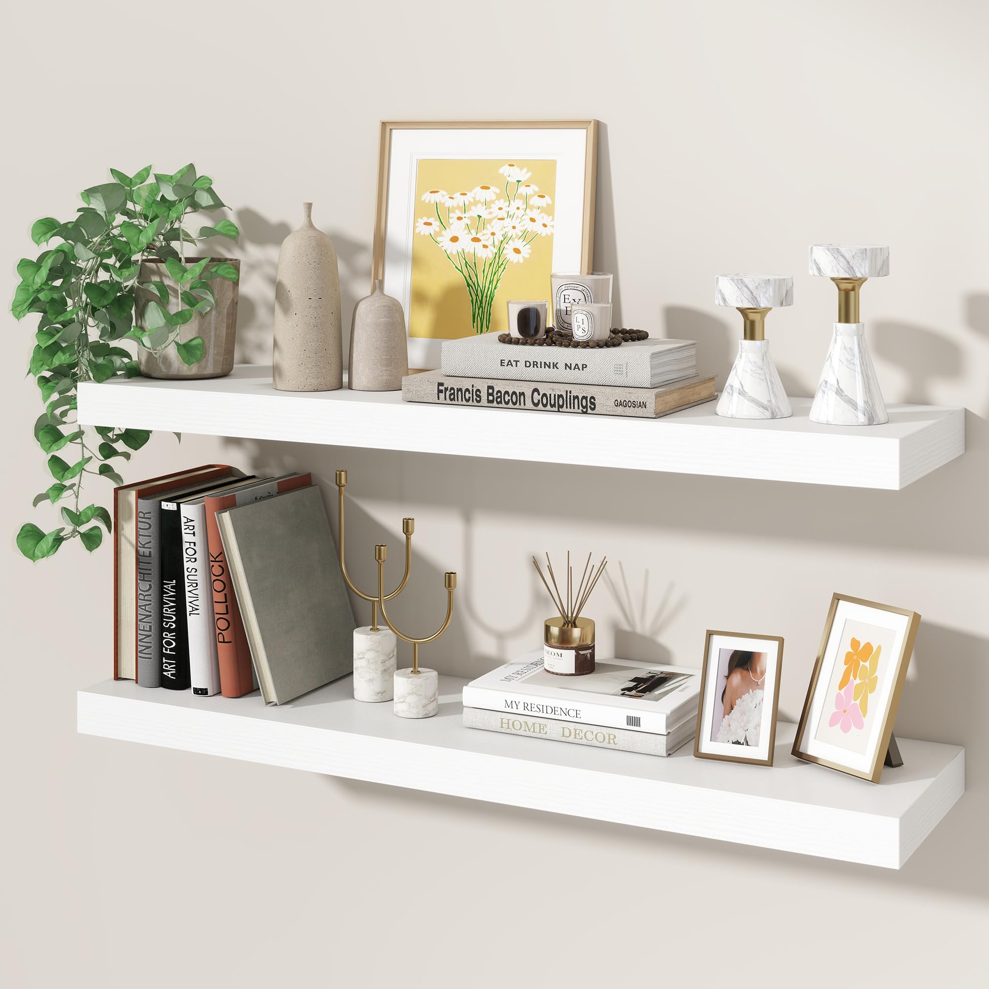 Axeman 80cm Floating Shelves for Wall 2 Pack Shelves for Bedroom|Kitchen|Bathroom Wall Mounted Rustic Wood Floating Shelf with Invisible Brackets for Books|Storage|Decor, White, 20cm Deep