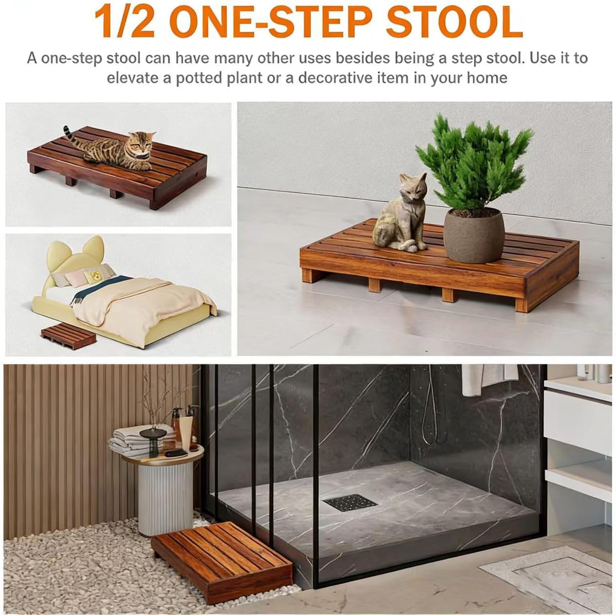 Wooden One Step Stool for Elderly， Acacia Wood High Riser Step Stool for Bed - 550 Lbs Wooden Mobility Stepping Stools for Adults, Kids/Bedside, Bathroom, Kitchen, Garden
