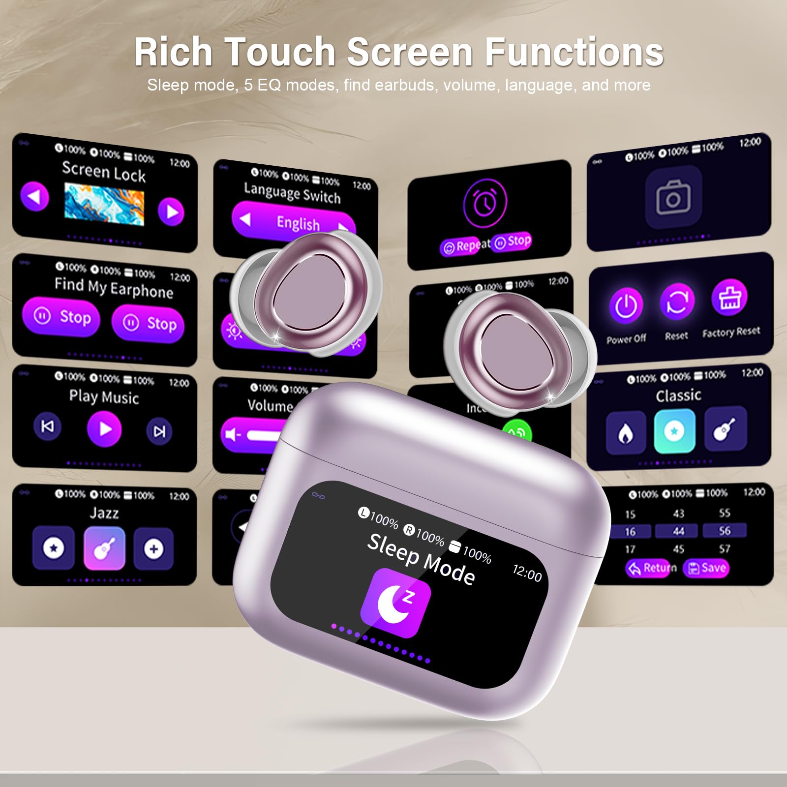 ZYHKON Ecouteurs Bluetooth sans Fil, Écouteurs de Sommeil avec Écran Tactile, IP7 Étanche Écouteurs Intra-Auriculaires, HiFi Stéréo Casque Bluetooth 5.4 Appels Clairs pour Dormir sur Le Côté, Violet