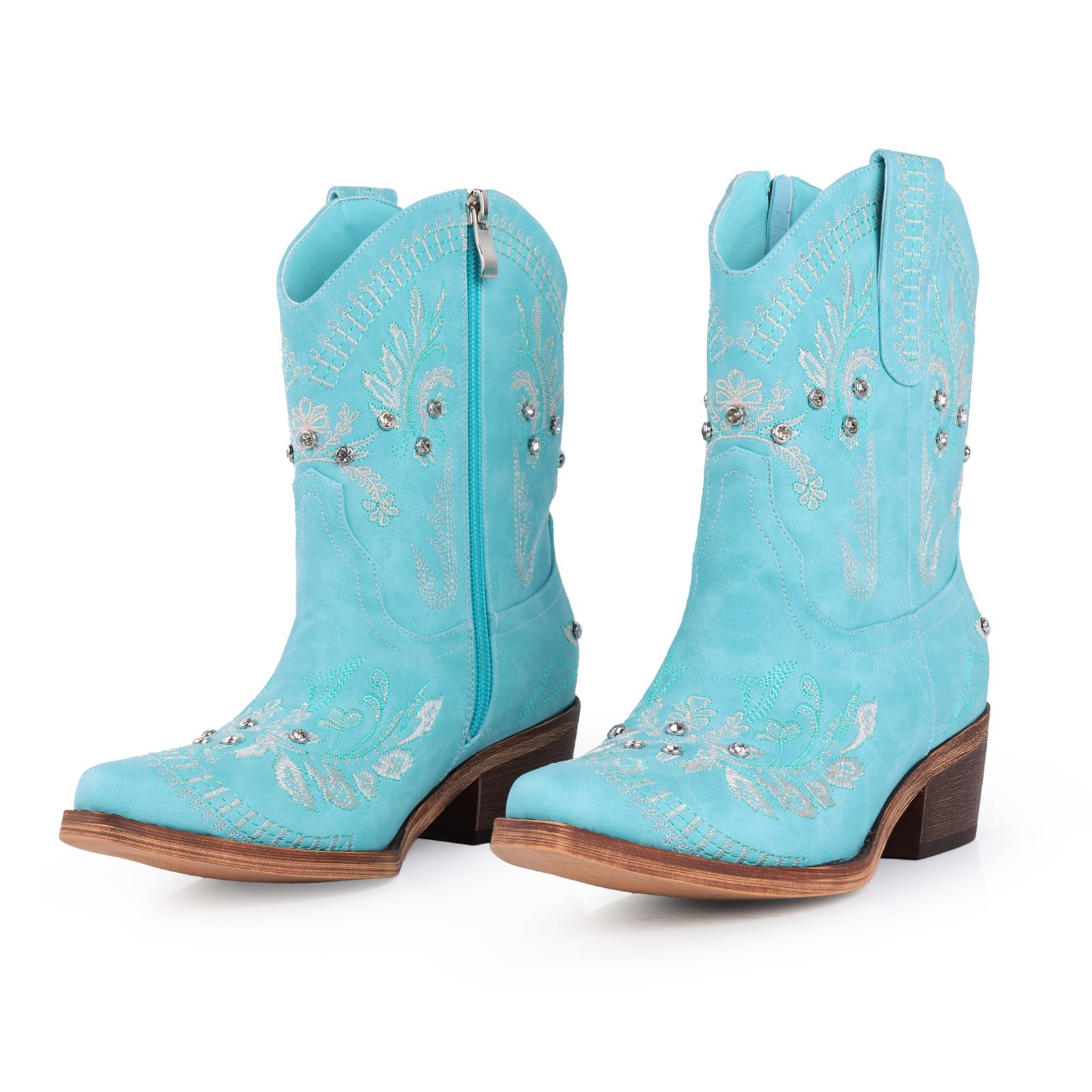 Krypthixor Rhinestone Ankle Cowboy Boots for Women Embroidered Short Cowgirl Boots With Low Heel Side Zipper Comfortable Chunky Heels Western Booties For Prom Party Wedding Pull On Shoes