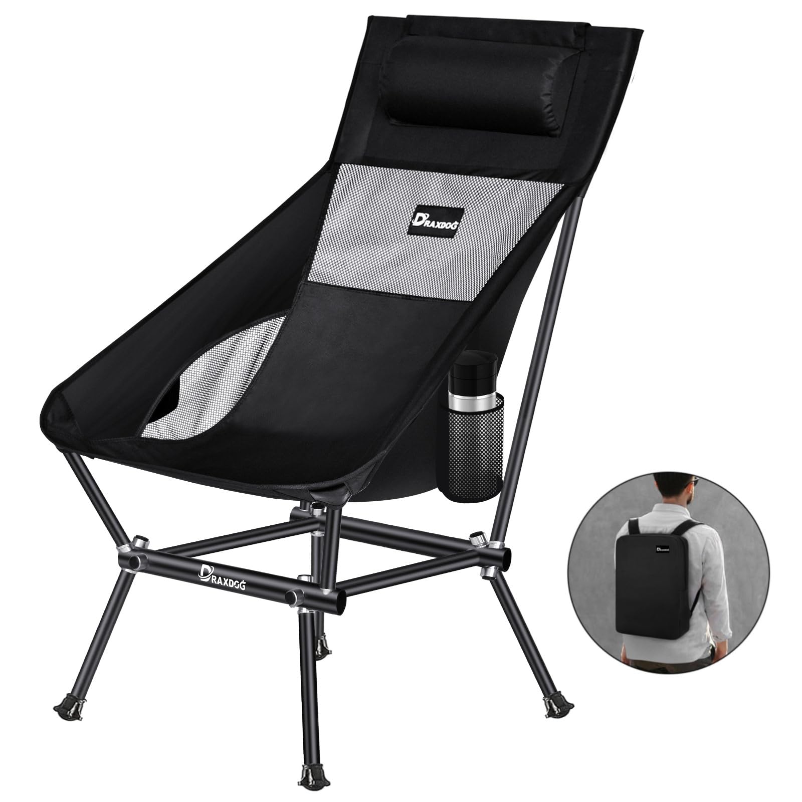 Camping Chair, Patented for Invention, Includes Complimentary Backpack, Portable Folding Chair, Beach Chair with Side Pocket, Lightweight Hiking Chair WB-ZZ (Black with blue trim