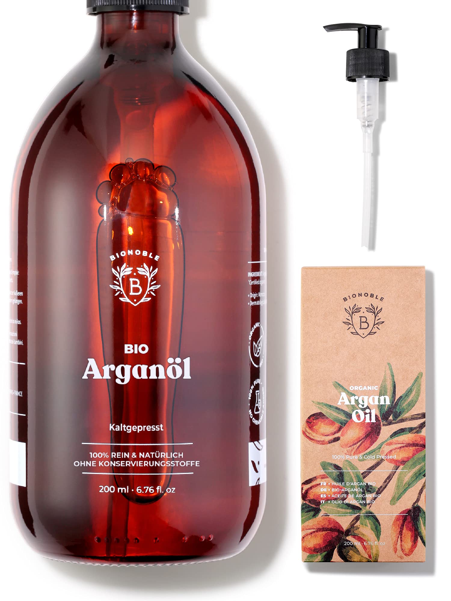 BIONOBLE Arganöl Bio Kaltgepresst in Marokko - Repariert & Nährt, Anti-Aging - Arganöl Haare, Gesicht, Haut - Vegan Argan Oil, 100% Natürlichen Ursprungs - Glasflasche mit Pumpe - 200ml