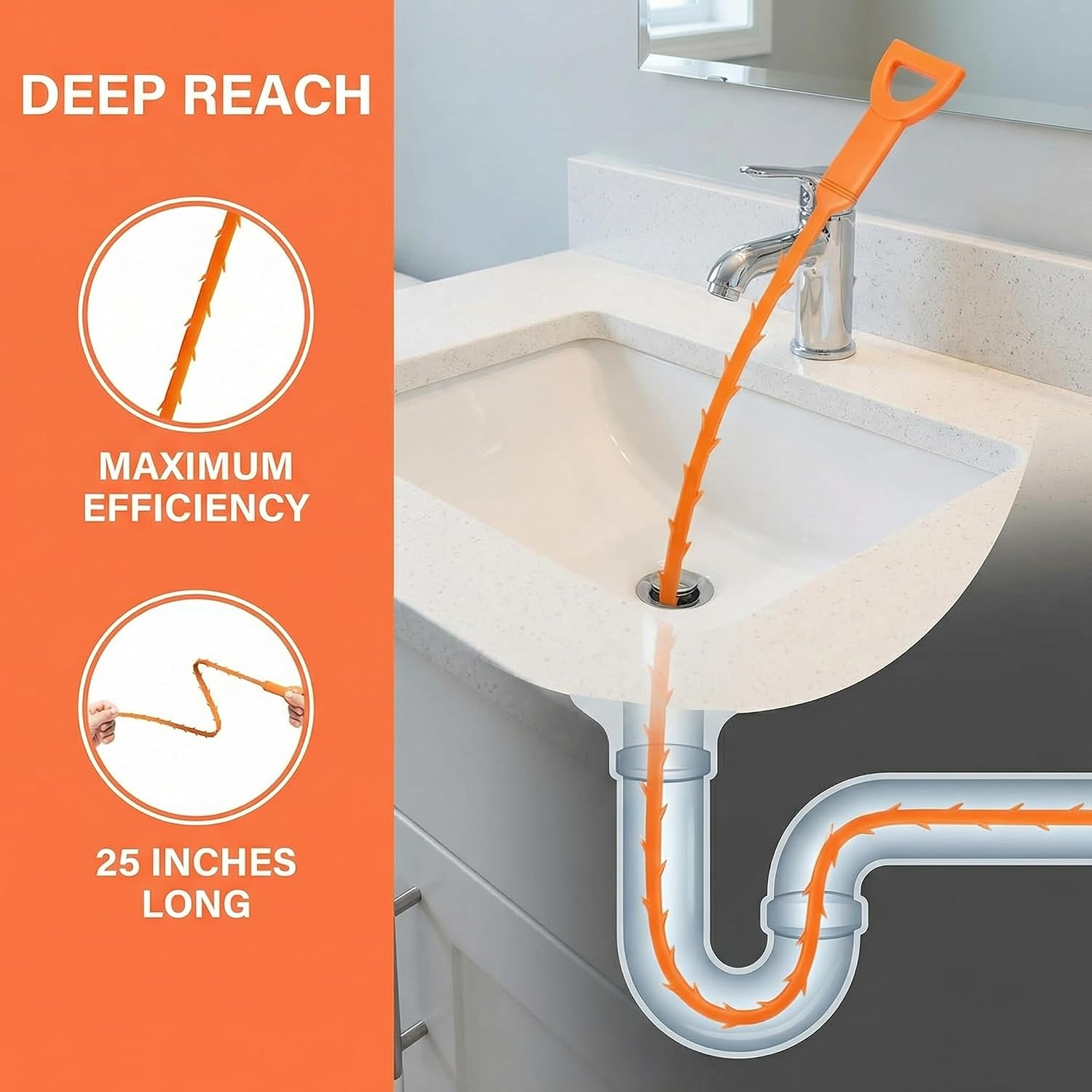 3 Pack 25 Inch Drain Snake Set - Drain Cleaner with Grip Handle Effectively Clean Hair and Other Clog for Toilet, Kitchen Sink, Bathroom Tub and Sewer