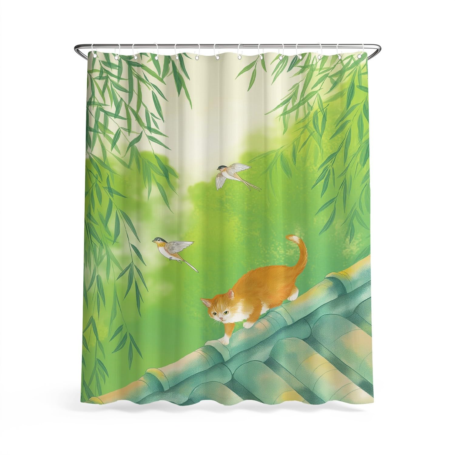 Genérico Zasłona prysznicowa 240 x 200 cm, 1 sztuka, miękka mikrofibra, wodoodporna i odporna na pleśń, zmywalna, do łazienki lub wanny, z oczkami i haczykami, zielony, kreskówka szczęśliwy kot