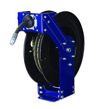 Groz Retractable Oil Hose Reel, 1/2 in. NPT x 33 ft, 2000 PSI Dual Arm Steel Reel with Cassetted Spring, Multi-Position Ratchet, 8-Position Guide Arm for Shops and Service Trucks 47971