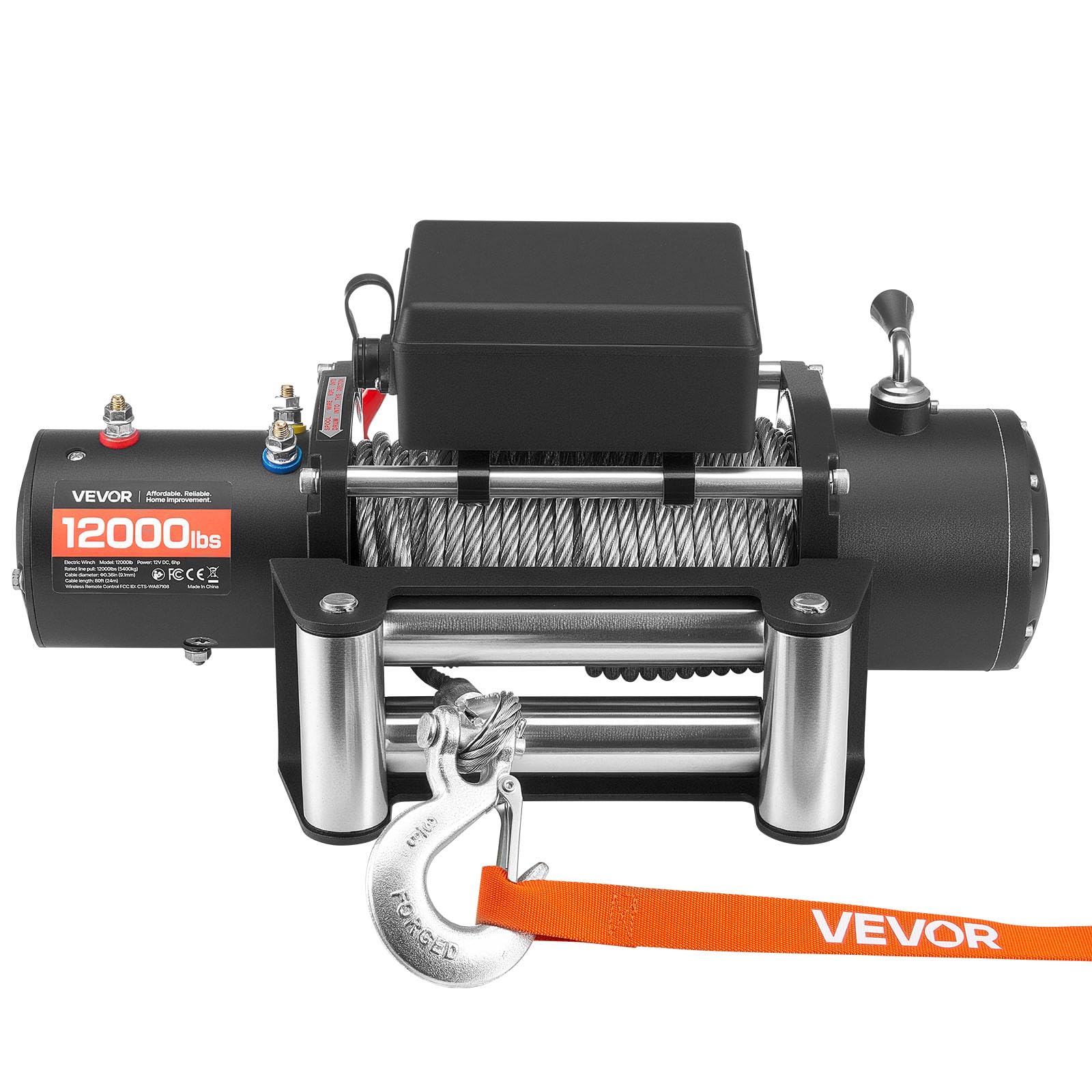 VEVOR Elektryczna wciągarka linowa, 5400 kg, 12 V DC z liną stalową o długości 24 m, bezprzewodowy i przewodowy pilot zdalnego sterowania, IP55 wciągarka offroadowa do holowania SUV, jeepów, przyczep