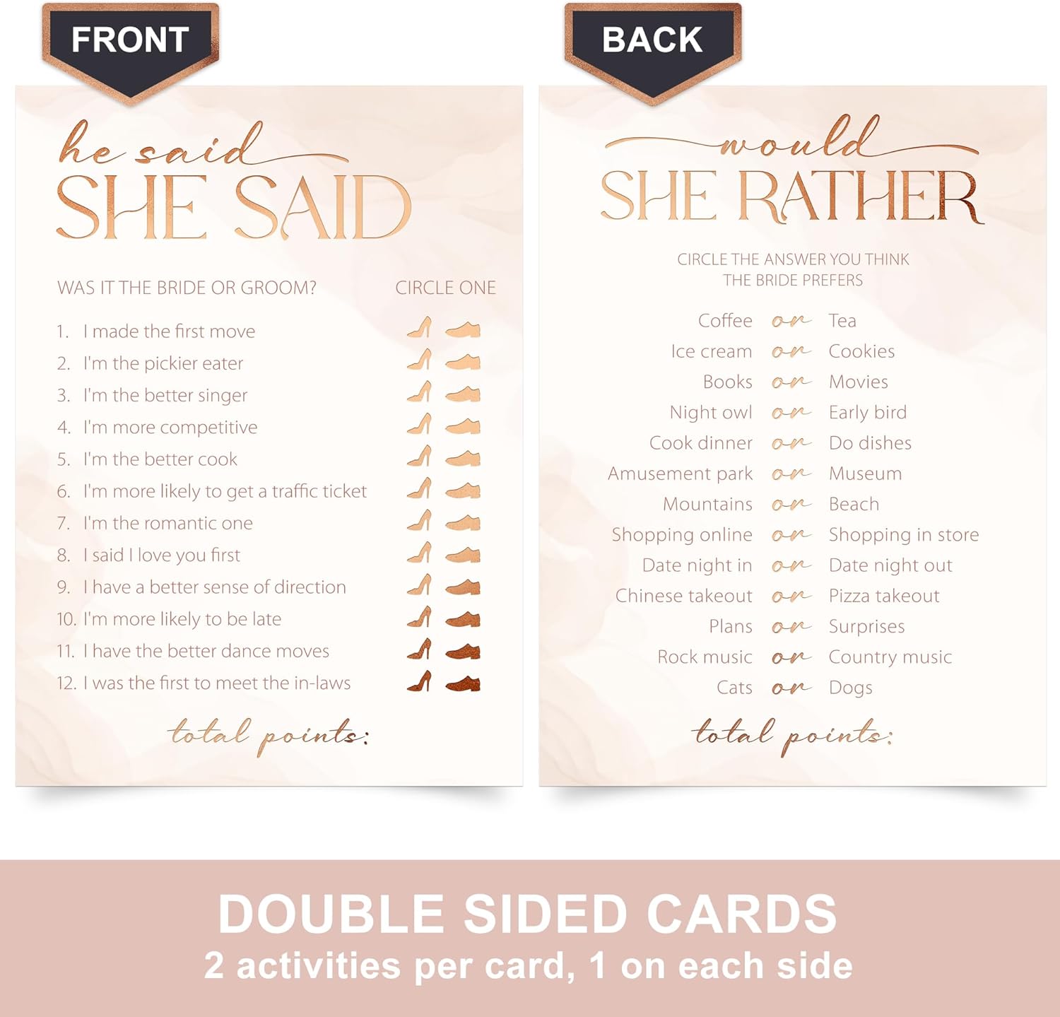 Bridal Shower Games + Advice Cards - For 30 Guests - 4 Activities on Double Sided Cards Includes 3 Games + 1 Advice Card - Copper Rose Gold Metallic Details - for Wedding Showers - Set of 4