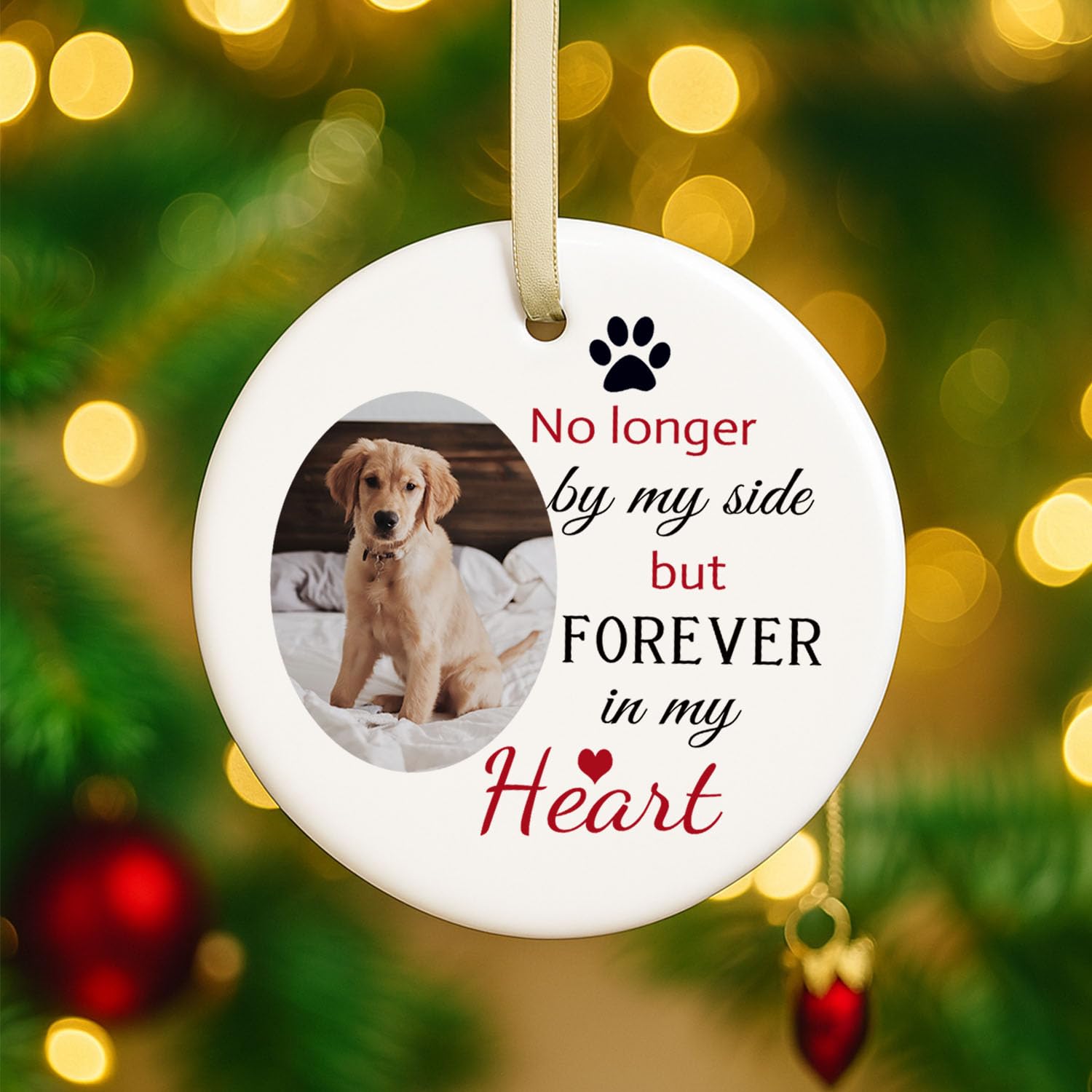 GuteGifts Personalised Photo Pets Dog Cat Memorial Bauble Ceramics Ornaments Christmas Xmas Tree Decoration Hanging Sign Keepsake-No longer by my side but forever in my heart, White