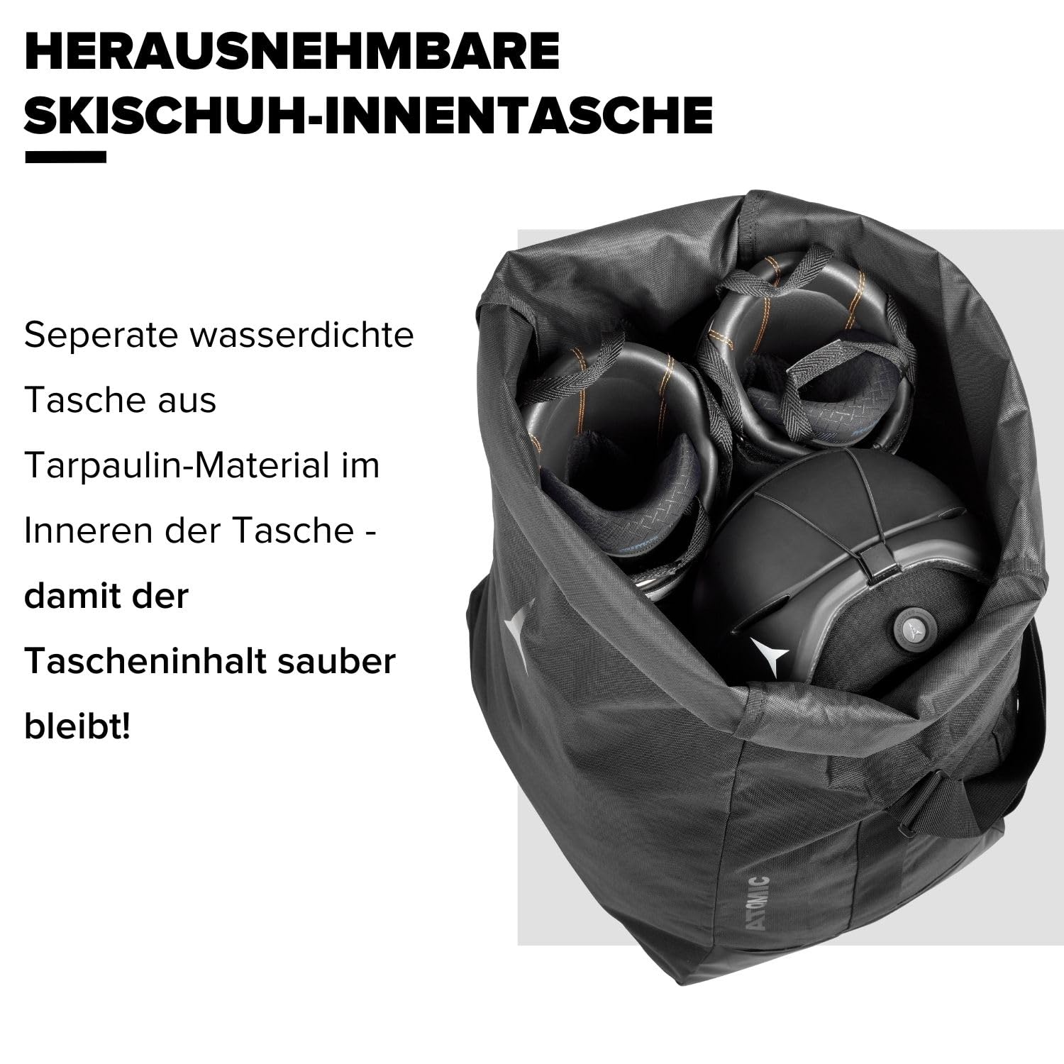 Atomic A Bag I Skischuhtasche I Praktische Tasche für den Winter & Sommer I Skischuhaufbewahrung I Wintersporttasche mit anpassbaren Schultergurt & Rolltop I Herausnehmbare Skischuh-Platte