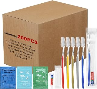 fafortune Bulk Hygiene Kits for Homeless,Disposable Toothbrushes with Toothpaste 5 gram,Floss Individually Wrapped,Travel Size Shampoo,Body Wash and Liquid Laundry Detergent for Air Bnb Charity (200)