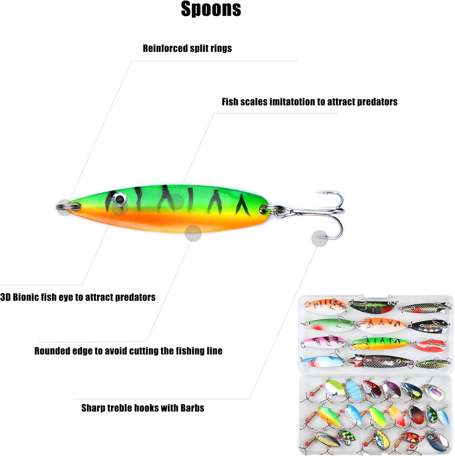 EXAURAFELIS 10/30pcs Fishing Lure Spinnerbait with Feathered Treble Hooks Rooster Tail Fishing Lures Spoon Lures for Bass Salmon Trout Spinner Baits with Tackle Box