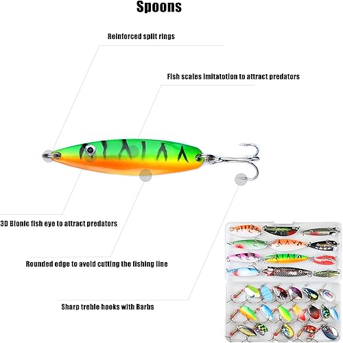 Miniatura 5 de EXAURAFELIS 1030pcs Fishing Lure Spinnerbait with Feathered Treble Hooks Rooster Tail Fishing Lures Spoon Lures for Bass Salmon Trout Spinner Baits