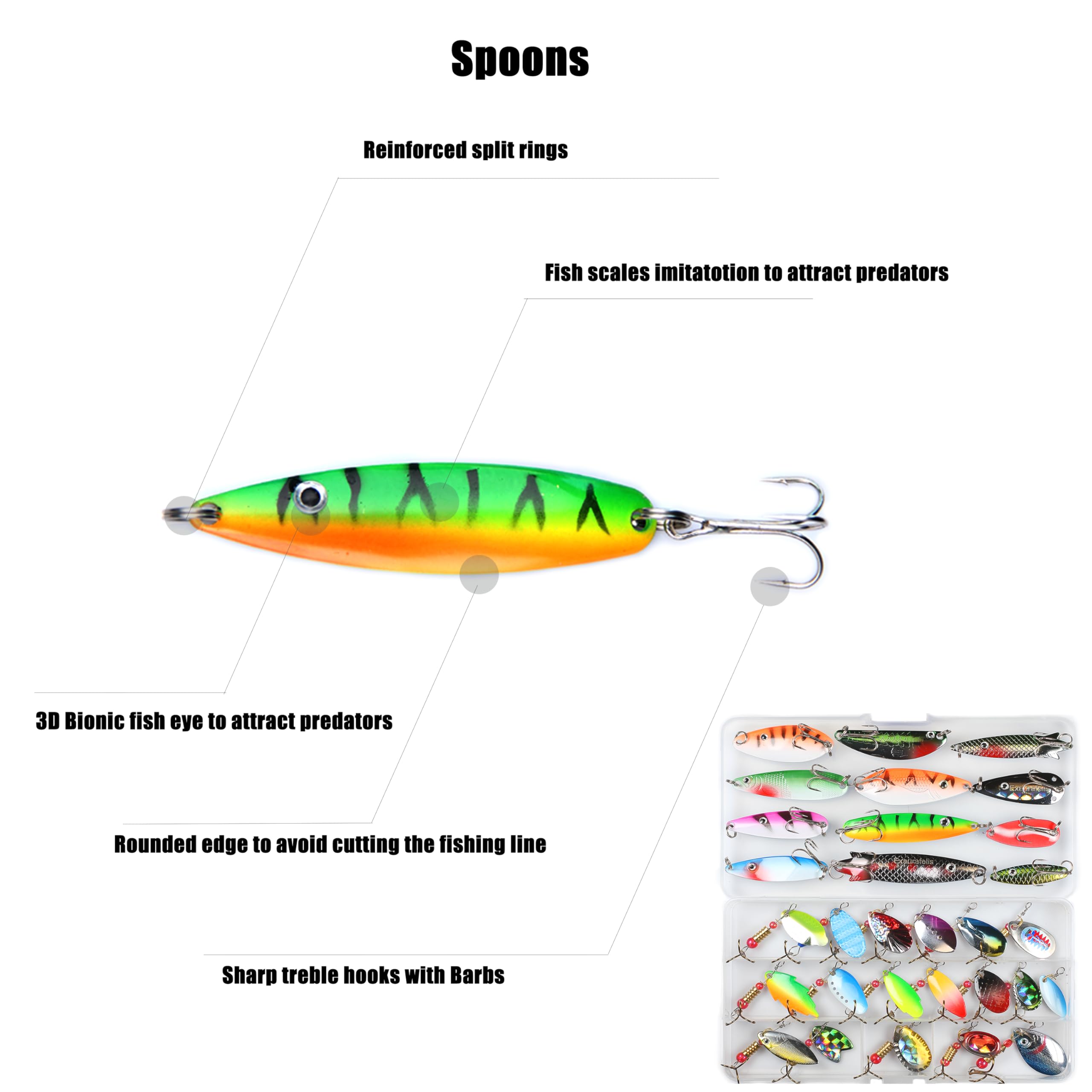 EXAURAFELIS 10/30pcs Esca da pesca Spinnerbait con Piuma Treble Ganci Coda di Gallo Esche da Pesca Cucchiaio Esche per spigola, Salmone, Trota Spinnerbait Esche con Tackle Box