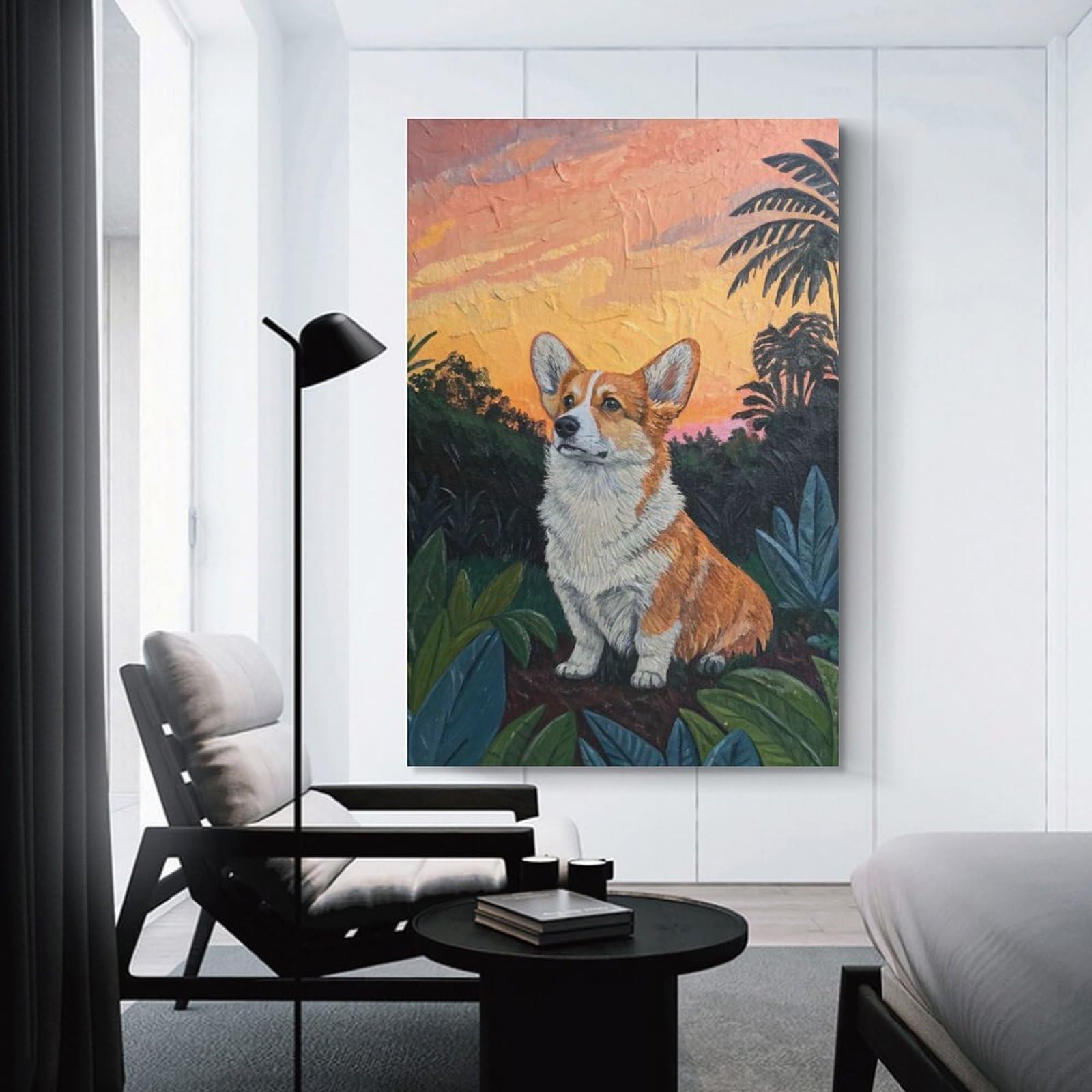 Junmoney Canvas Wall Art Corgi in A Tropical Sunset, 24x36inch(60x90cm), for Corridors, Hallways Or Apartment Entries, Decorative Canvas Styling for Entry Areas