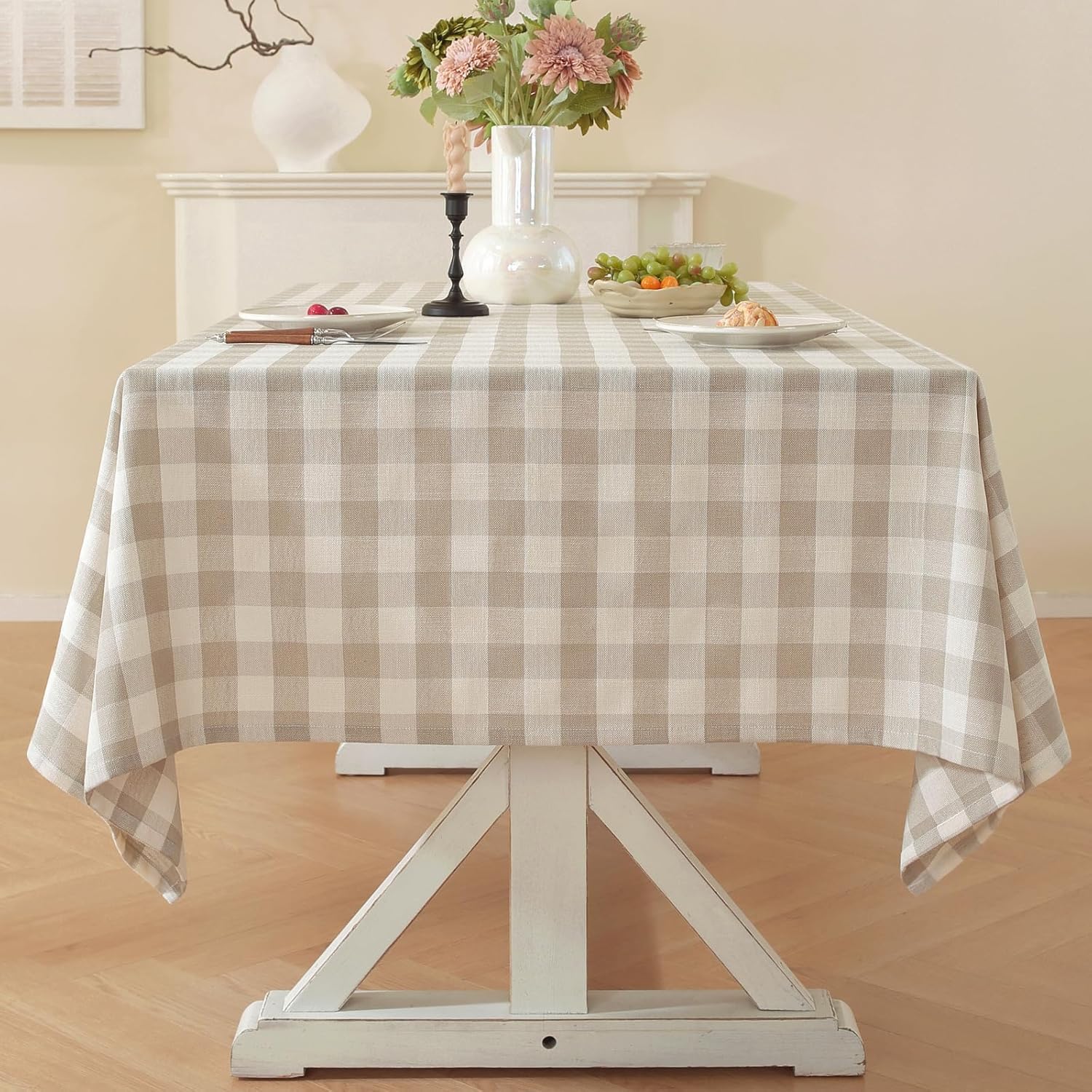 Laolitou Gingham Table Cloth Rectangular 140x220cm Washable Cotton Linen Fabric Tablecloth Buffalo Plaid Checkered Table Cover For Kitchen Dinning Tabletop Decoration (Beige, 6-8 Seats)