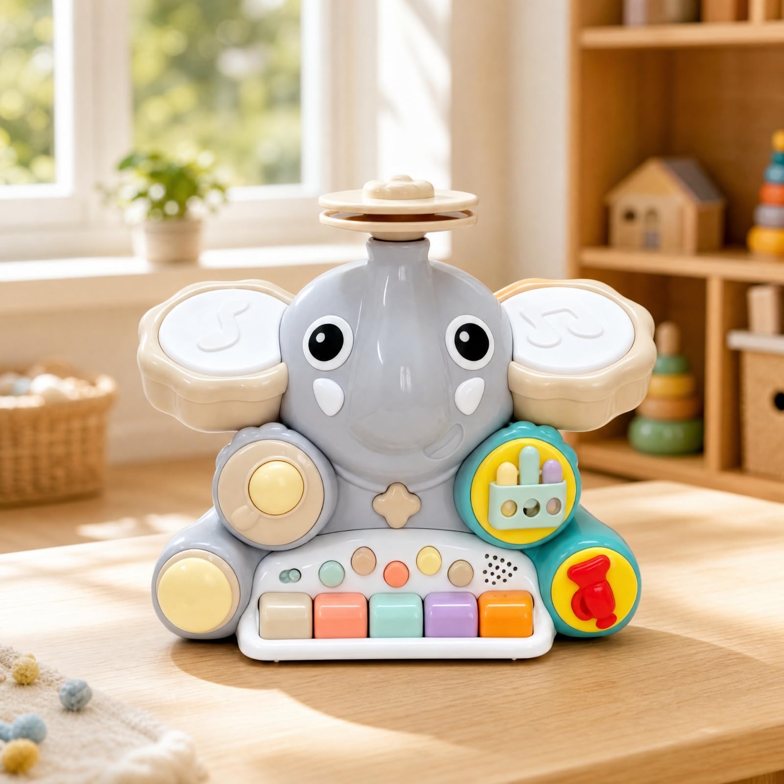 Qianly Giocattolo Le con Tastiera di Multifunzione Giocattolo a Forma di Pachiderma con Suoni per Casa, Grigio