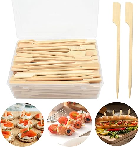 PEOUWNES 200 pinchos de bambú para aperitivos, palillos de dientes de 4.7 pulgadas con caja de almacenamiento, púas de cóctel para bebidas,