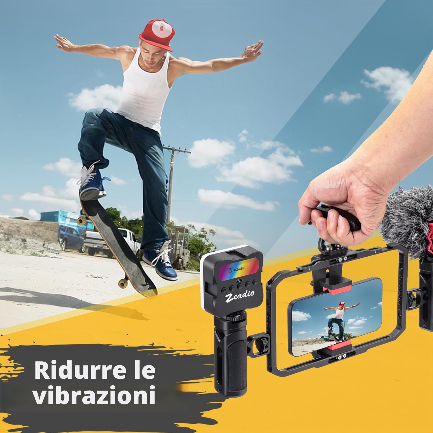 Zeadio - Kit tutto in uno per video telefonici, versatile gabbia per attrezzatura con luce RGB, microfono, treppiede con testa a sfera Arca, perfetto per registrazione/YouTube/trasmissioni in diretta