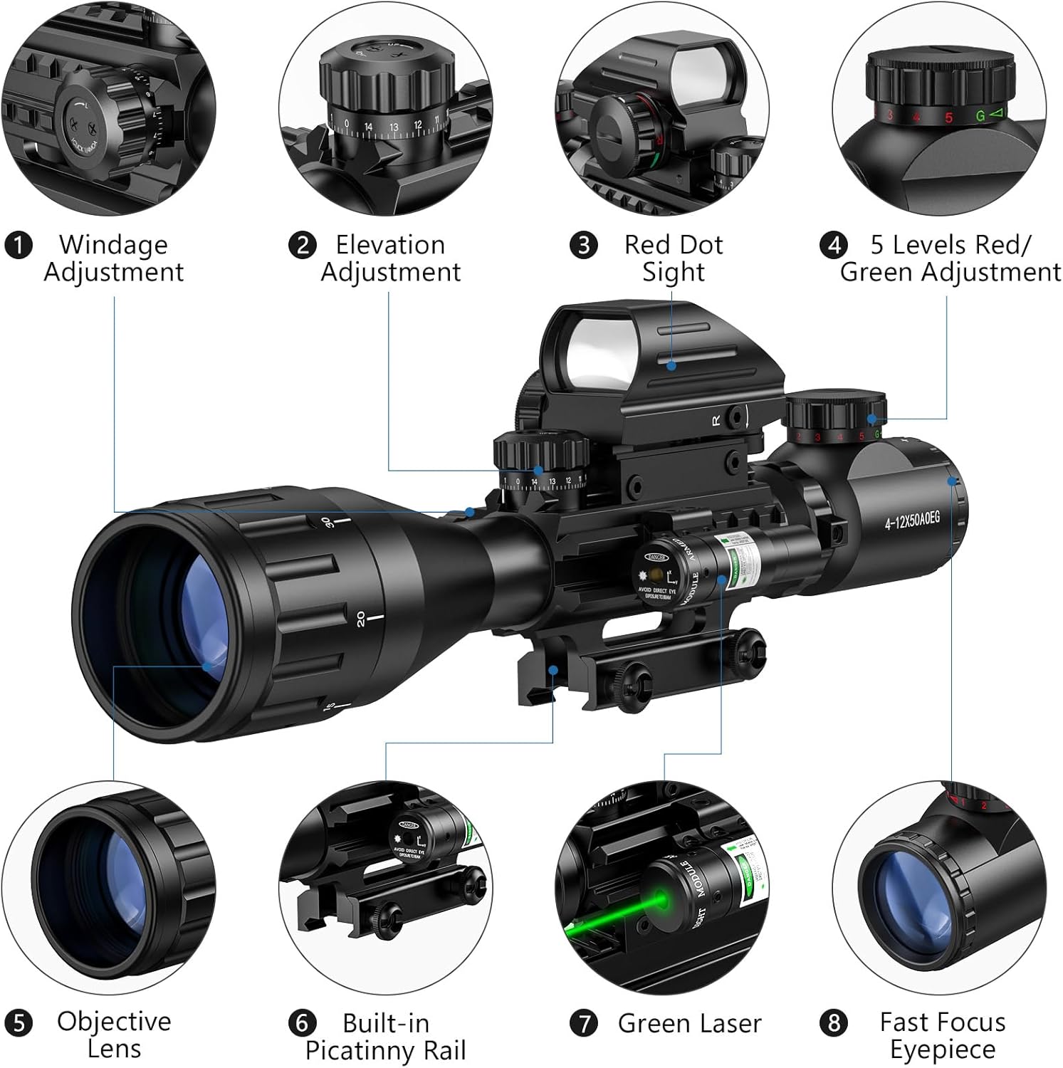 MidTen 4-16x50 AO Hunting Rifle Scope Dual Illuminated Rangefinder Optics & 4 Holographic Reticle Red/Green Dot Sight & Laser Sight