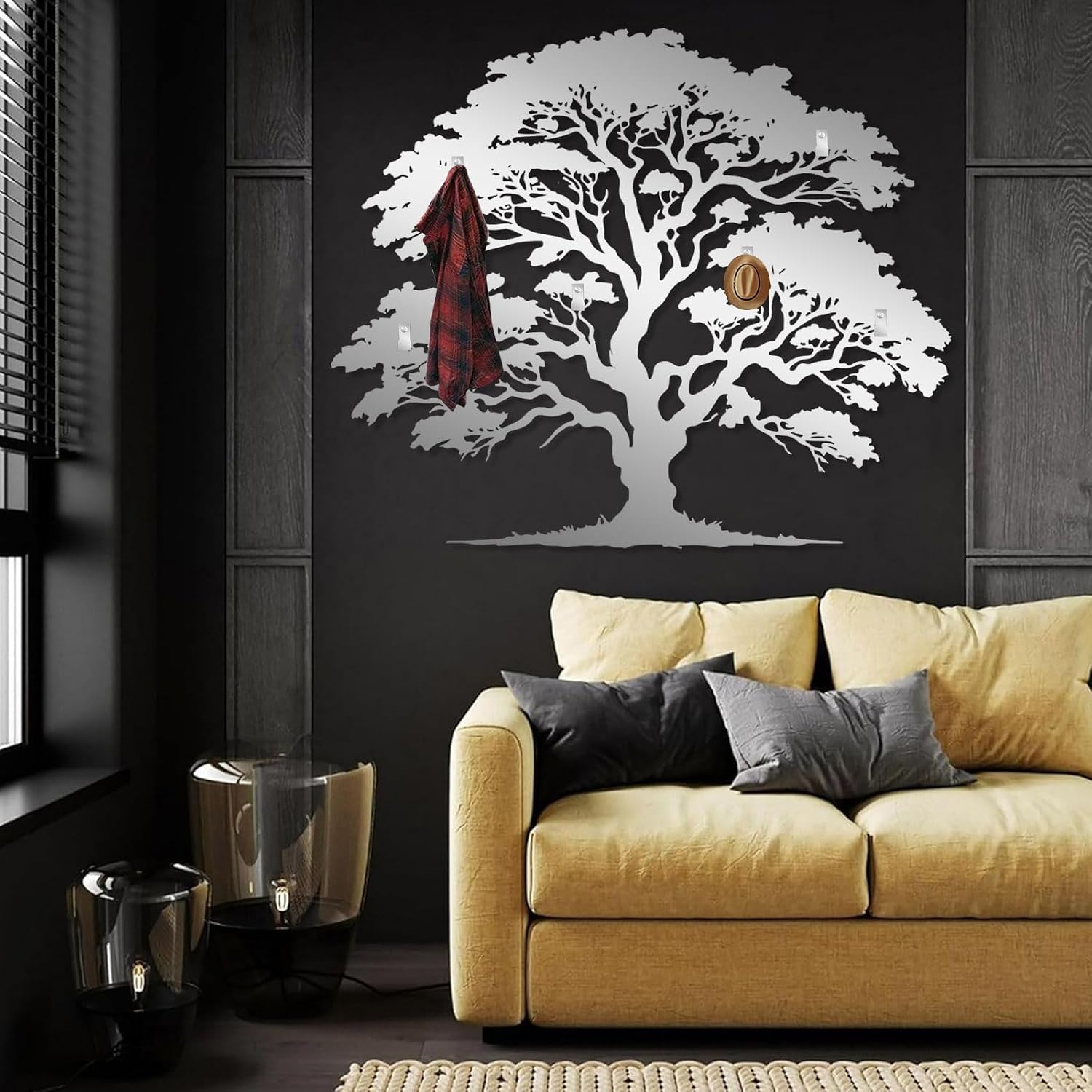 Tree Coat Rack Wall Mount, Metal Tree of Life Wall Decor, Clothes Hooks for Wall, Key Holder Wall Mounted, Metal Coat Rack for Living Room, Bathroom (Black, 39"x47"|100x120cm)