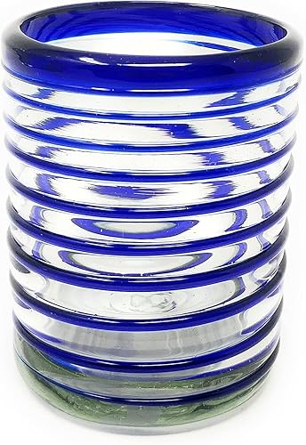 Miniatura 6 de Vasos mexicanos soplados a mano, juego de 6 vasos con diseño de espiral azul (10 onzas cada uno)