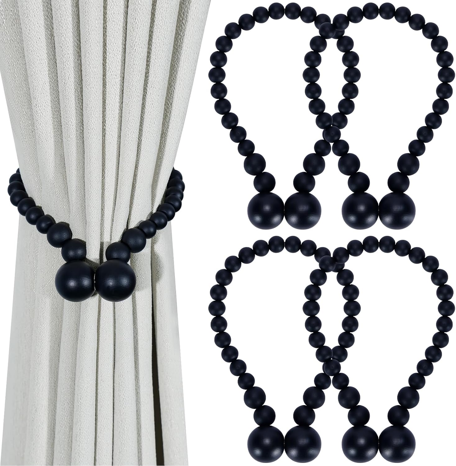 Magnetic Curtain Tiebacks, Curtain Tie Backs for Curtains 4 Pack, Wood Bead Curtain Tiebacks, Curtain Holders for Boho Bedroom Decor, Baby Nursery Decor, Farmhouse Decor Black 4