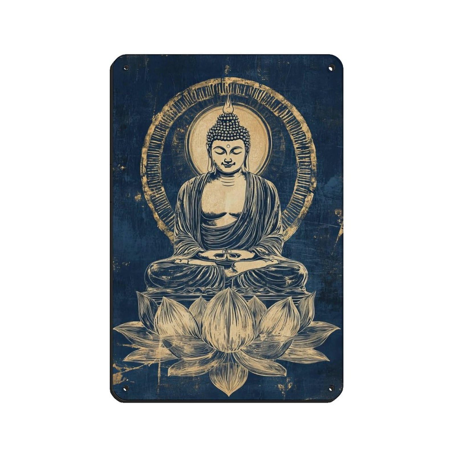 Golden Buddha on Lotus Flower,Spiritual Zen Art Gift Retro Poster Metal Tin Sign Chic Art Retro Iron Painting Bar People Cave Cafe Family Garage Poster Wall Decoration 8x12inch(20x30cm)