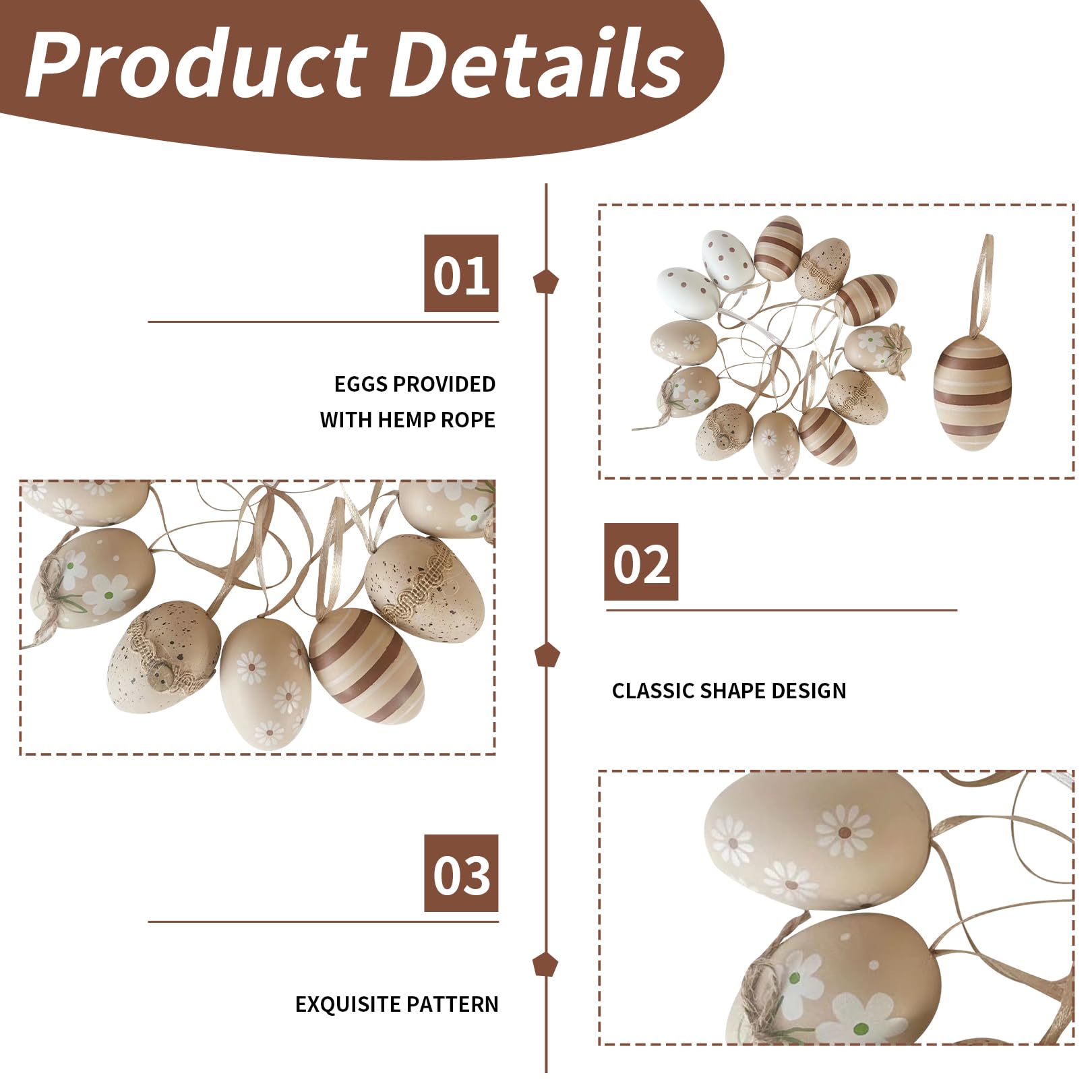 Osterdekoration, 12 Stück Ostereier zum Aufhängen, Ostereier Dekoration, Styroporeier, Ostereier zum Aufhängen, braun-weißes Ornament für Osterkörbe, Ostergeschenke, 6 cm natürliche Eier