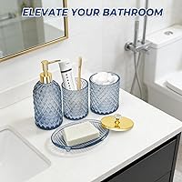Vista 6 de Jenseits Glass Bathroom Accessory Set 4 Piece - Elegant Blue Diamond Cut Bathroom Set - Lotion Dispenser, Toothbrush Holder, Cotton Swab Jar, Tray