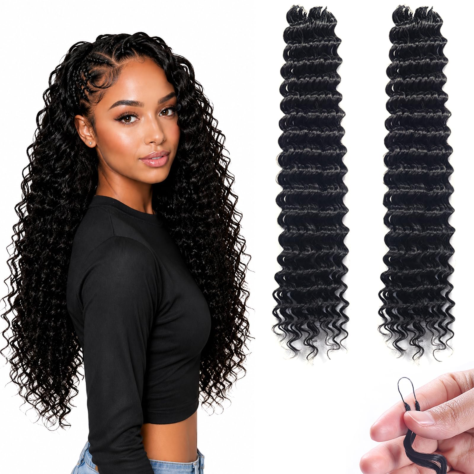 Photo 1 of Miracle Knots Feather Curly Crochet Hair 18 Inch 100 Strands Deep Wave Invisible Knots Natural Human Hair Texture Synthetic Crochet Braids for Black Women (1B#, 18 Inch-100 Strands)
